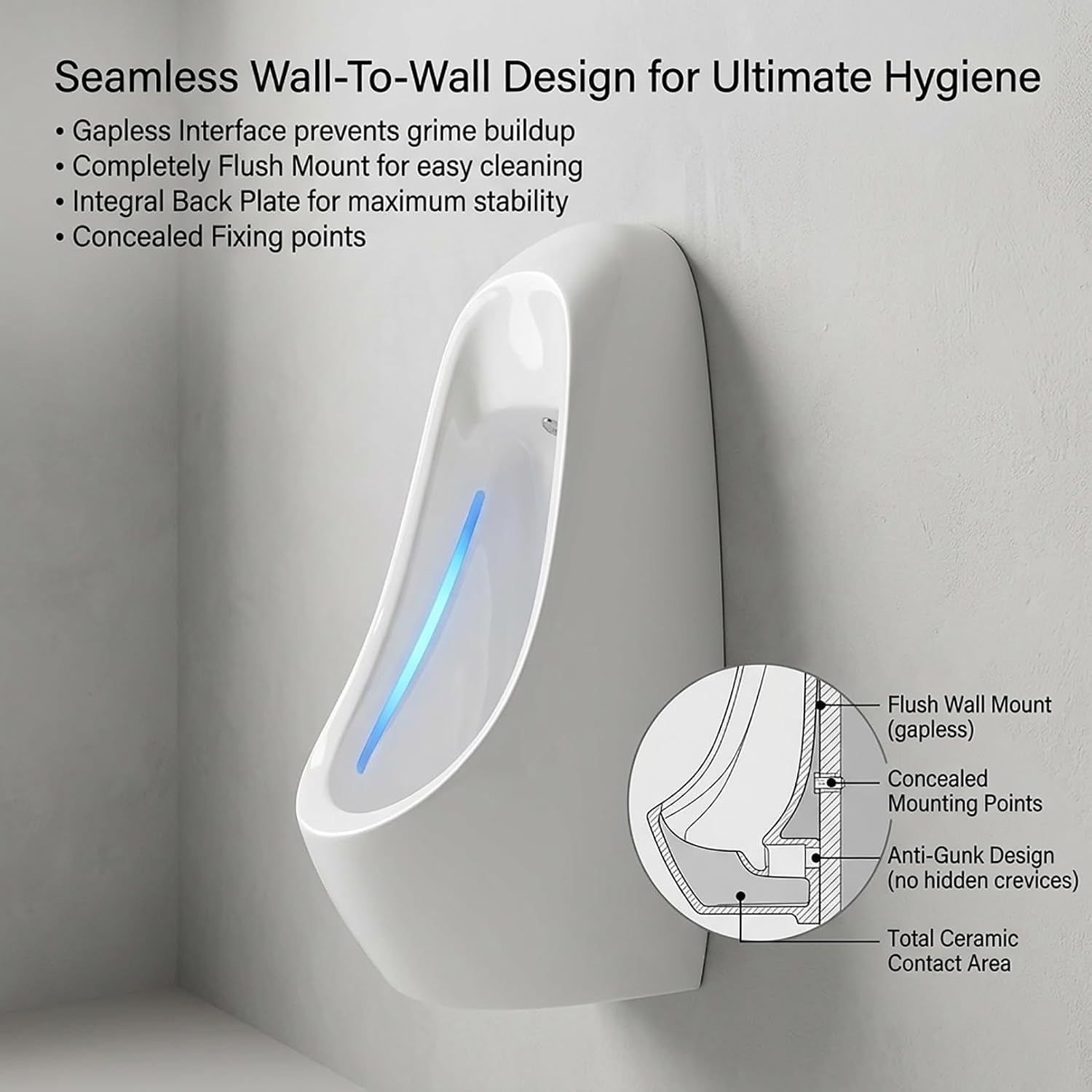 Wall-Mounted Automatic Sensor Urinal for Men, Ultra-Thin Ceramic Mens Urinal with Waterfall Flush, Odor-Blocking and Splash-Resistant Design for Home Bathroom, Office, and Commercial Use(Gray white)