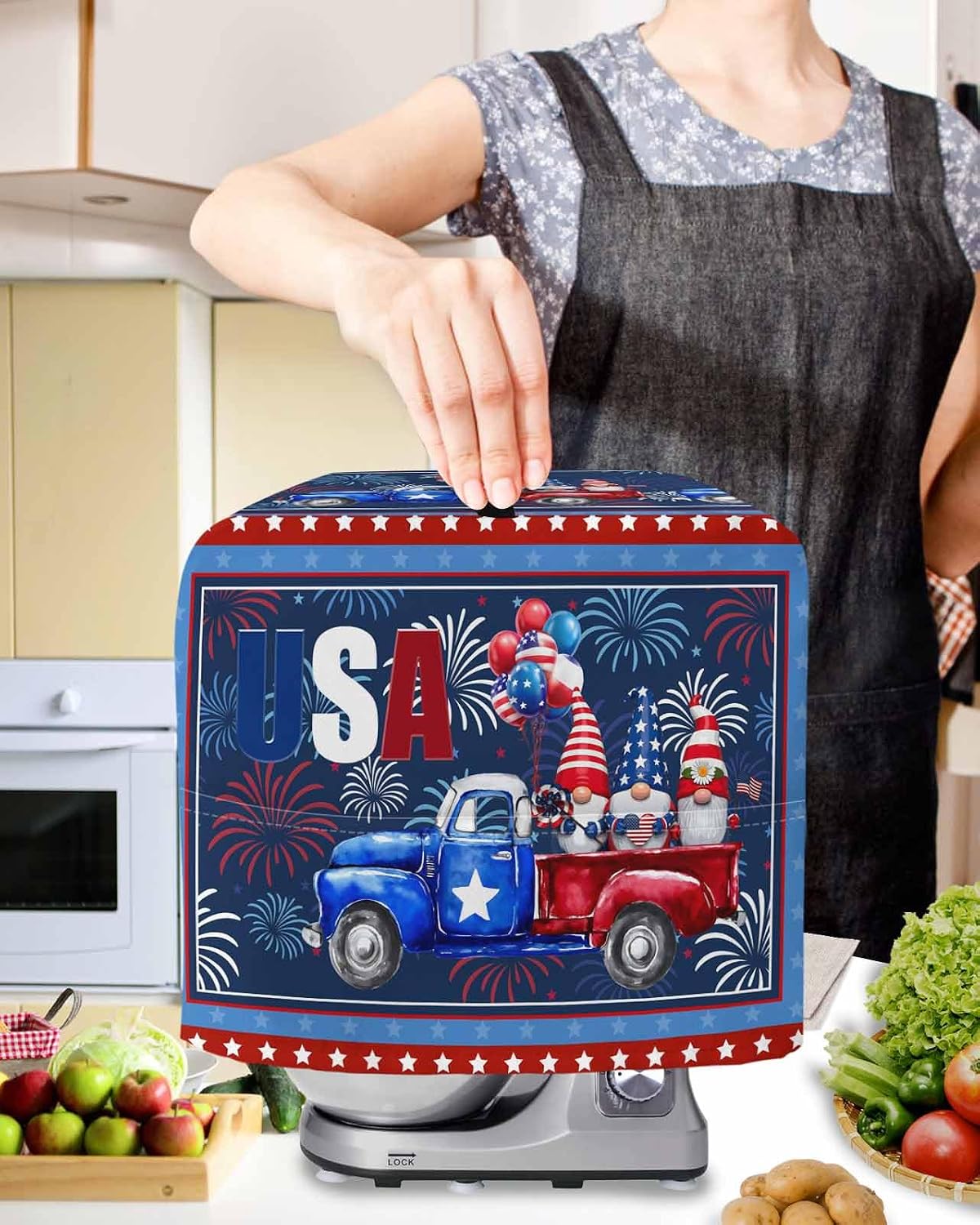 Red Blue 4th of July Stand Mixer Cover with Storage Pocket, Waterproof Kitchen Mixer Covers, Independence Day Stars Gnomes Kitchen Appliance Dust Cover Compatible with 6-9 Quart Mixers