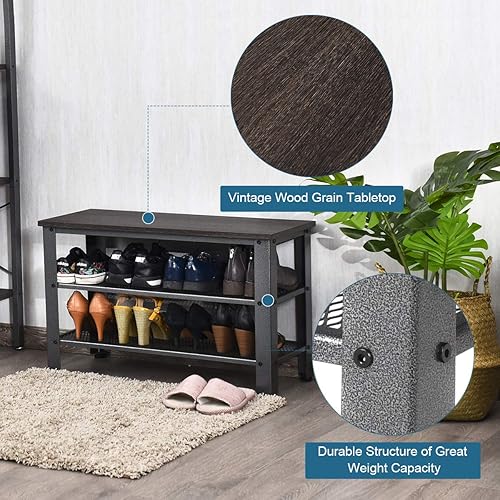 Miniatura 15 de Giantex Zapatero de 3 niveles, banco de zapatos industrial con 2 estantes de almacenamiento de malla y asiento para entrada, puerta delantera,
