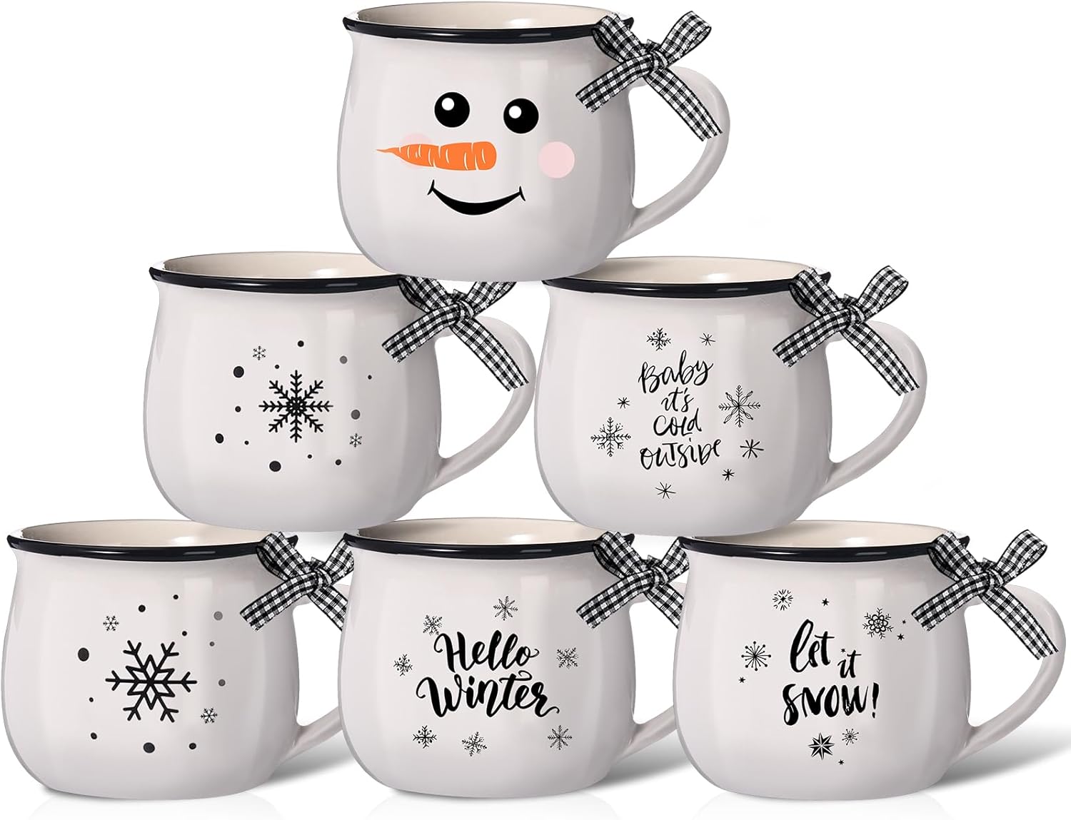 Zubebe 6-Piece Winter Ceramic Mugs with Handles and Bows