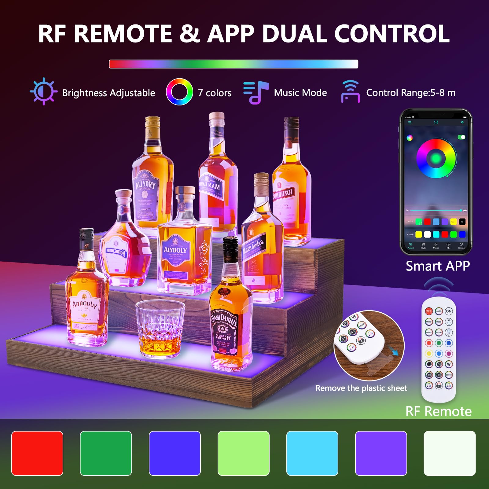 Portabottiglie a 3 ripiani con luce LED per bottiglie di liquori, in acrilico, illuminazione RGB, per casa, commerciale, bar, feste, in legno massello
