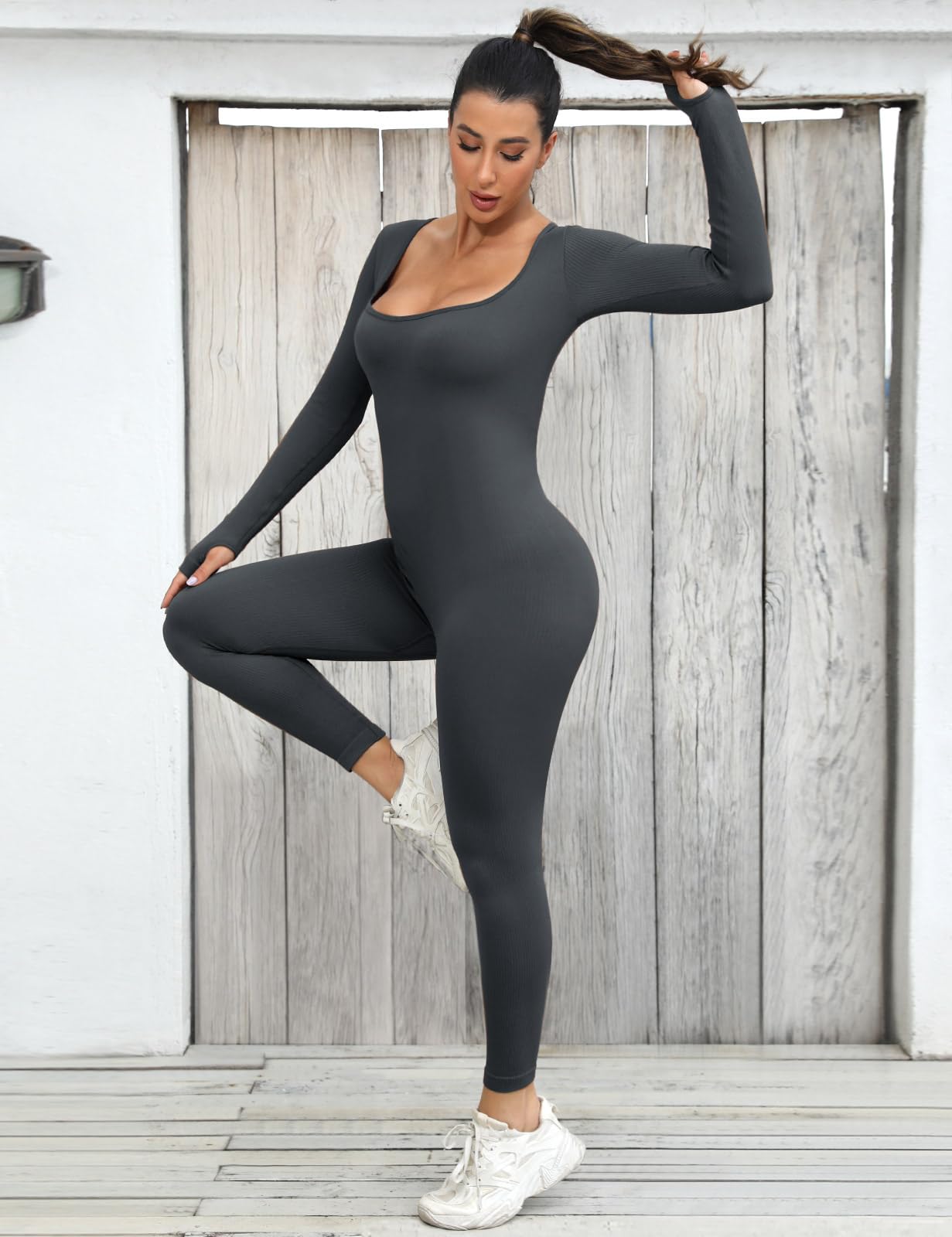UMIPUBO Tuta Intera Donna Yoga Jumpsuit Sportiva Manica Lunga Tuta Intera Scollo U Completo Tinta Unica One Piece Palestra Leggings Slims Abbigliamento Moda Elastico Rompers Clubwear