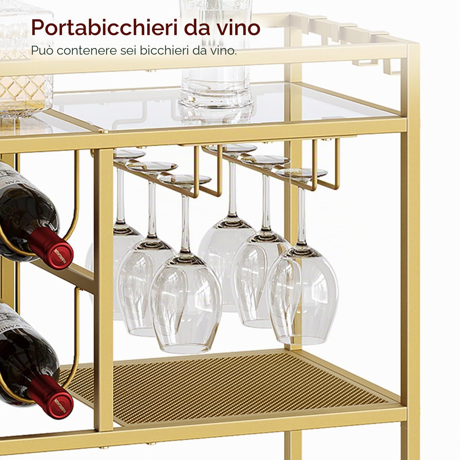 MAHANCRIS Carrello da Bar a 3 Ripiani con Ruote e Maniglia, Carrello da Servizio con Portabottiglie e Supporti per Bicchieri, per Cucina e Ristorante oro ARCJ61B01