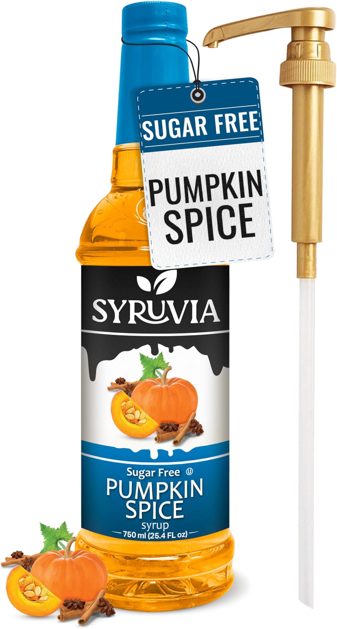 Syruvia Sugar Free Pumpkin Spice Coffee Syrup, Flavored Syrup for Drinks, Lattes, and Desserts – 25.4 fl oz, With Pump
