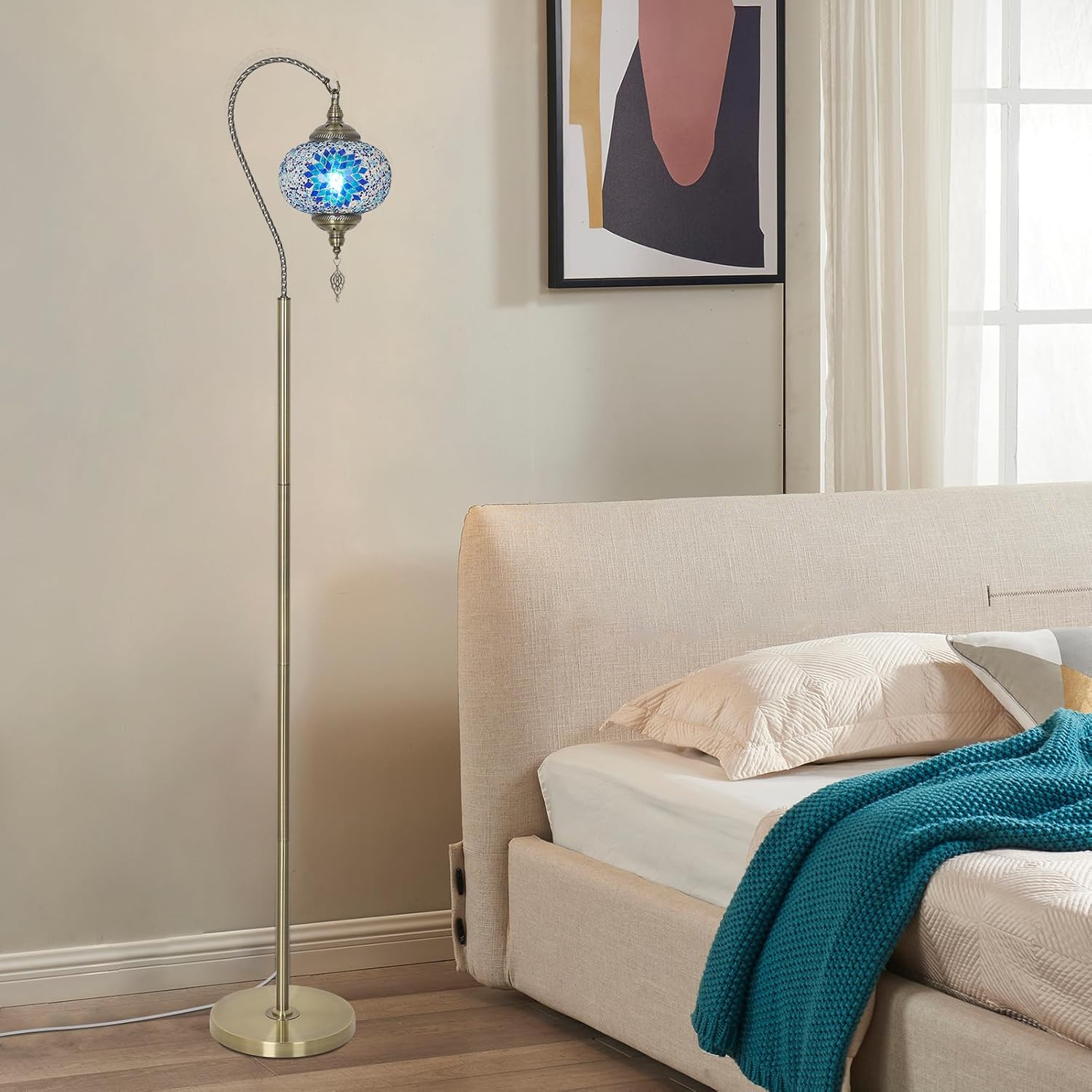 LAMSU Turkish Moroccan Floor Lamp, Tiffany Lamp with Handmade Mosaic Glass Shade, Bronze Base, Swan Neck Tall Standing Lamps for Living Room Bedroom Corner Light Home Decor, Blue