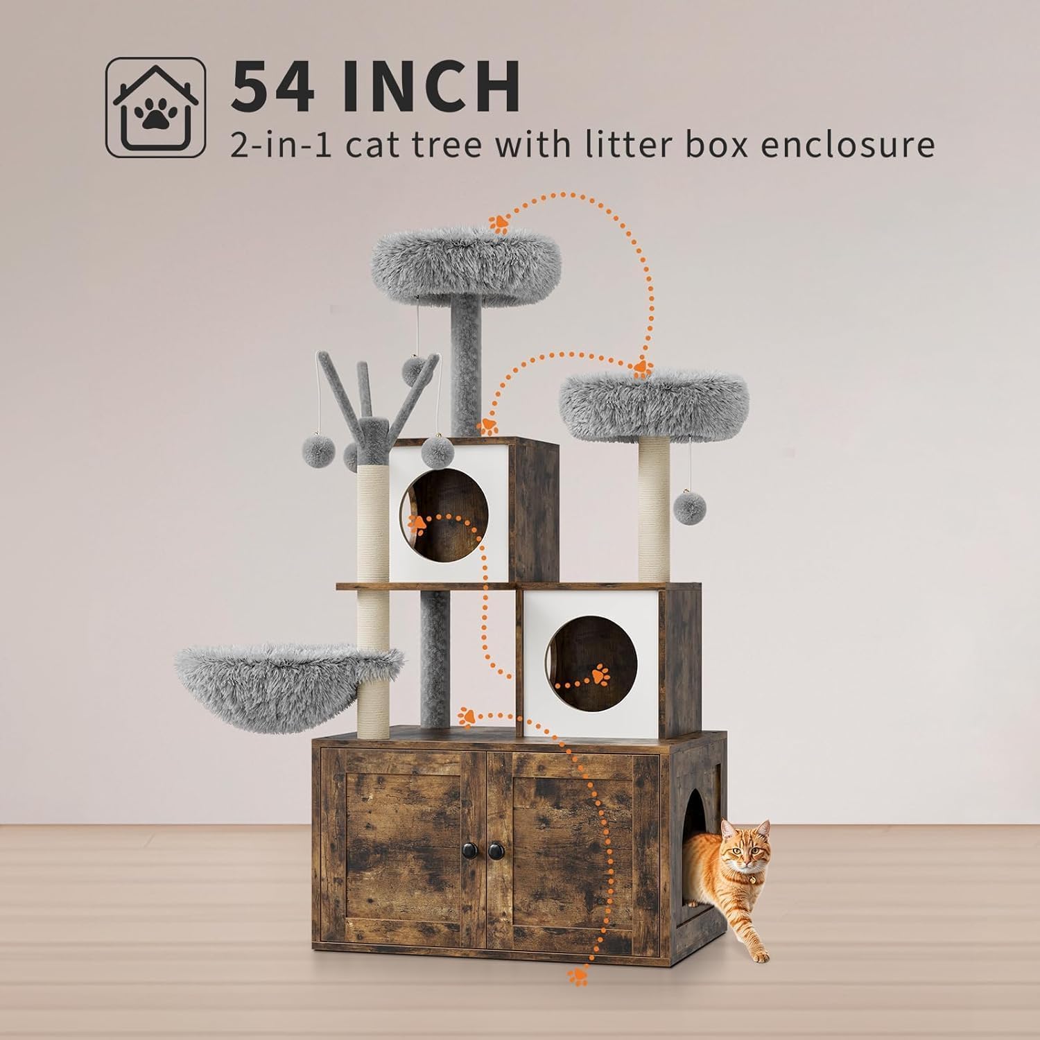 Katzenbaum Mit Katzenklo Schrank, 146 cm Hoch, Katzenhaus Aus Holz Mit Kratzbaum, HäNgeball, KatzenrüCken Und Oberer Sitzstange, All-In-One (Eichenbraun)