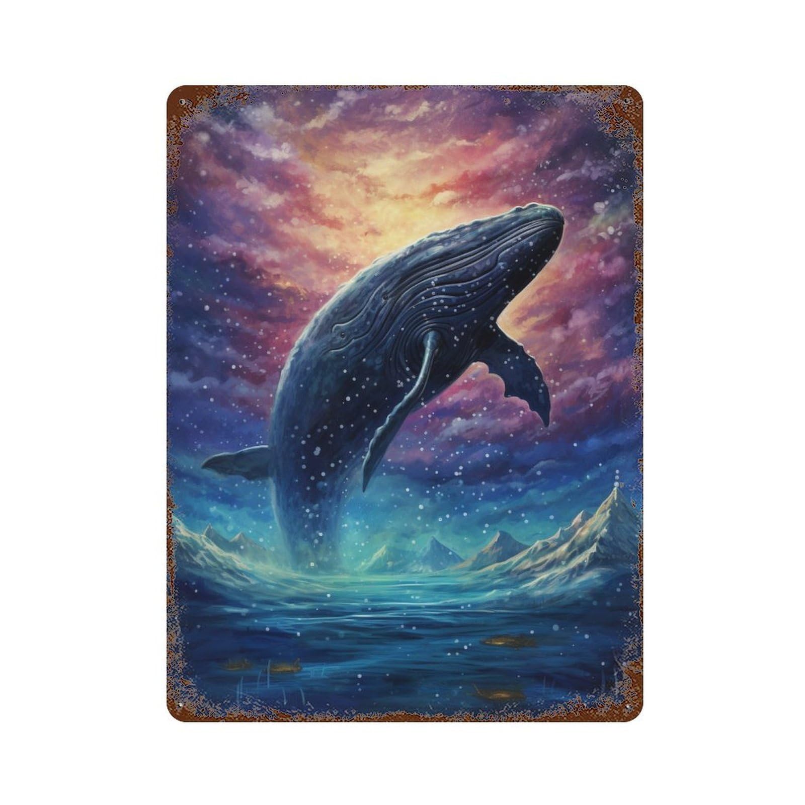 Whale Breaching Fantasy Scene Distressed Metal Wall Sign 15.7"x11.8", Shabby Chic Decor for Garage, Pub Or Kitchen