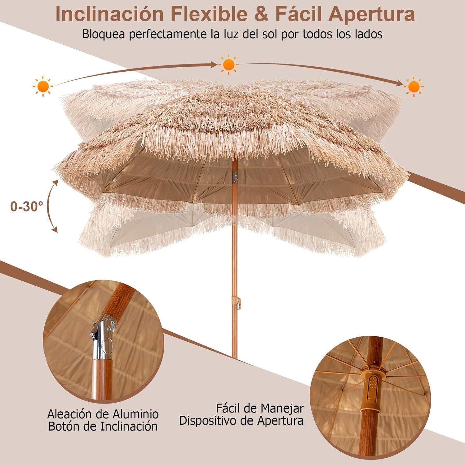 GOPLUS Conjunto de 3 piezas de Muebles, Sombrilla Paja Inclinable 2,2 M, Tumbona Jardin de Ratan Reclinable en 7 Posiciones, Base Sombrilla de HDPE para Mástiles de 33/39/48/55 mm (1, amarillo, Ratán)