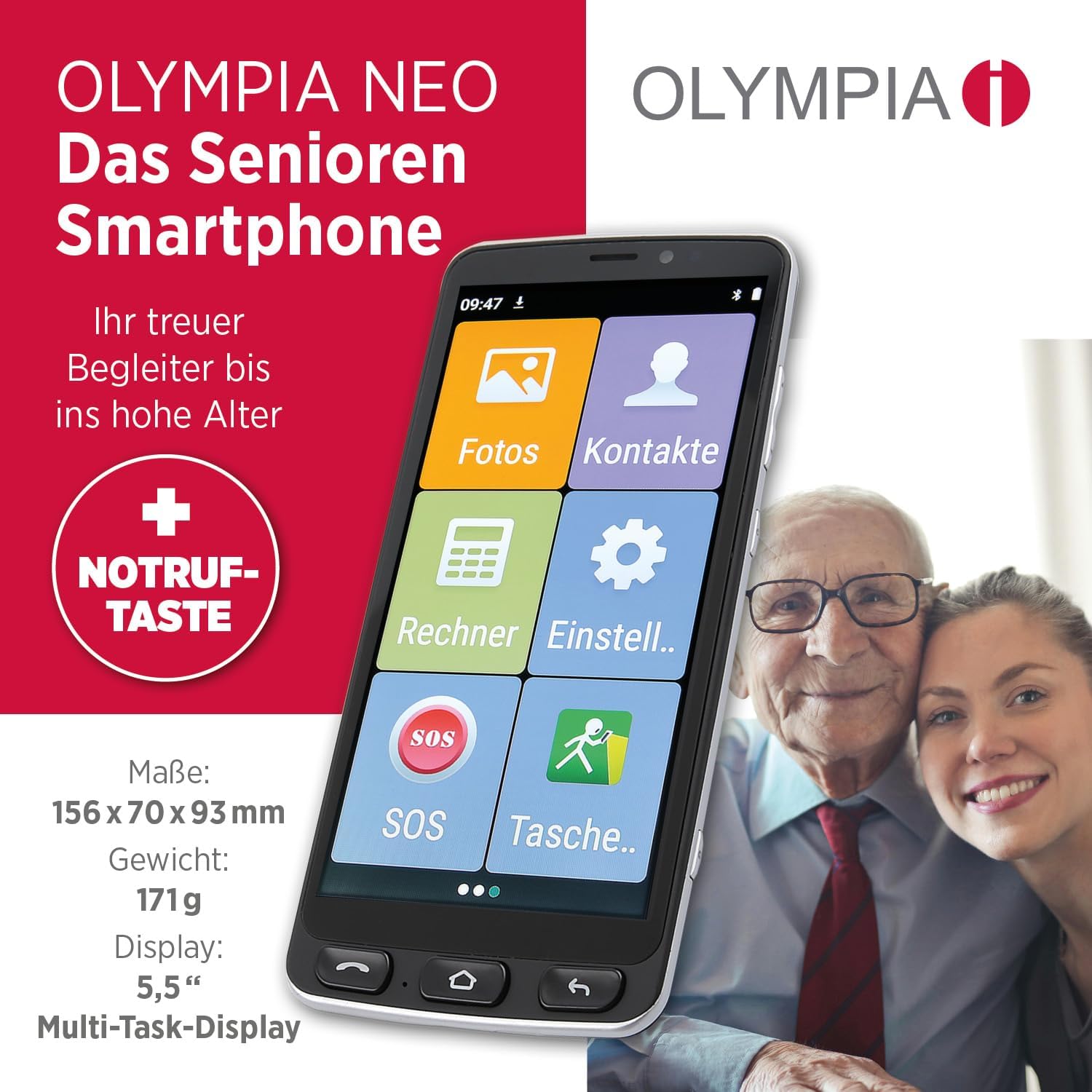 Olympia Neo 16 GB Smartphone für Senioren | Extragroße Darstellung | Hörgerätekompatibel | Notruftaste | Senioren Smartphone 5,5“ Display | Whatsapp & Mediteo vorinstalliert | 8MP Kamera | Schwarz