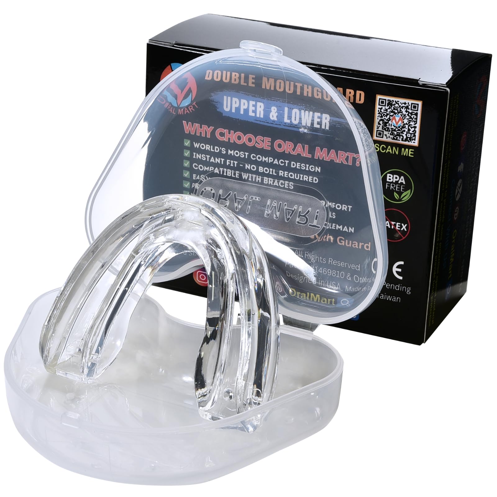 Oral Mart Braces Mouth Guard for Sports (Pure Clear) - Instant Fit (No Boil) Double (Upper & Lower) Mouthguard for Lacrosse, Hockey, Muay Thai,