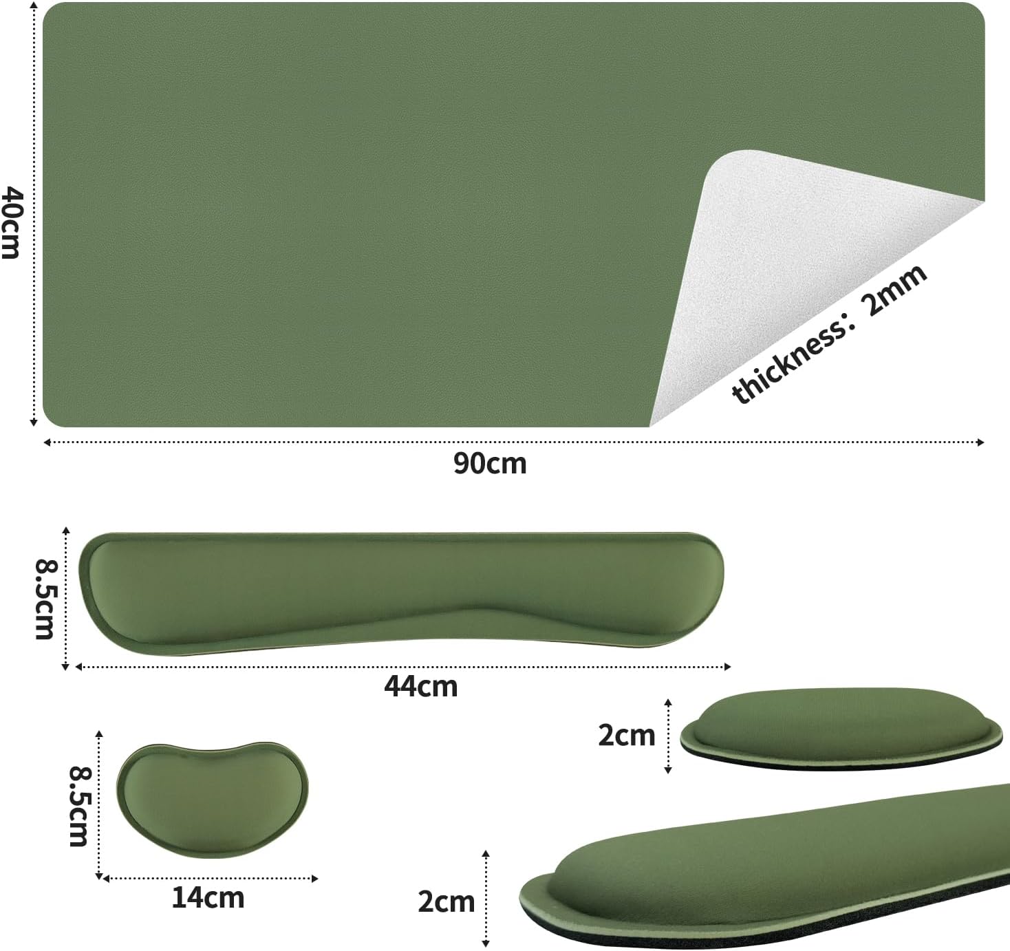 Bloss Keyboard and Mouse Wrist Rest + Leather Desk Mat, Desk Mat for Keyboard and Mouse, Desk Accessories for Women(35.4 x 15.7 Inch,Olive Green)