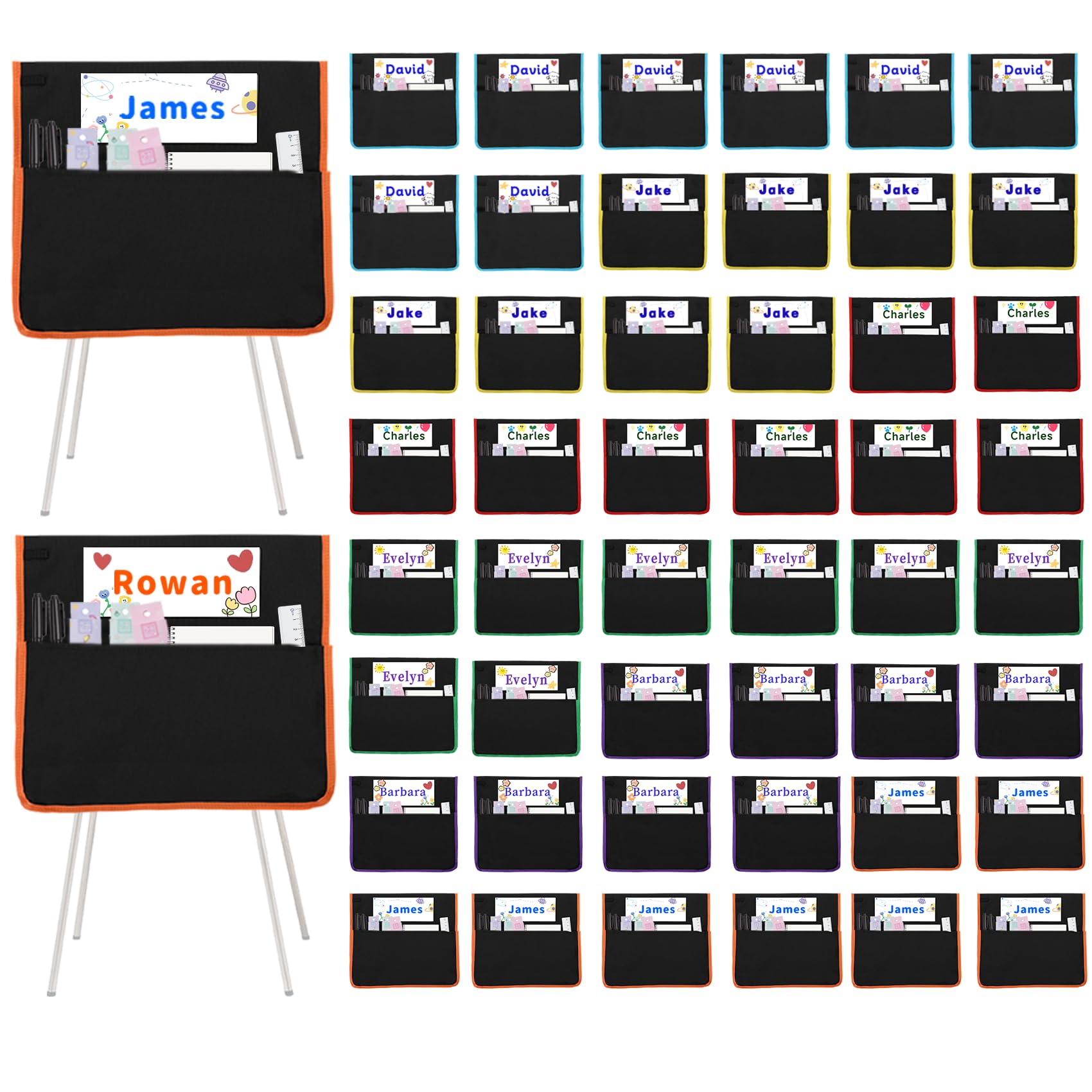 NURATIT 48 PCS Chair Pockets for Classroom, 15.6x16.8 Inch Seat Pockets for Classroom Chairs, Black Seat Sacks for Classroom Chairs with Name Tag, Back of Chair Organizer for Kids in Classroom