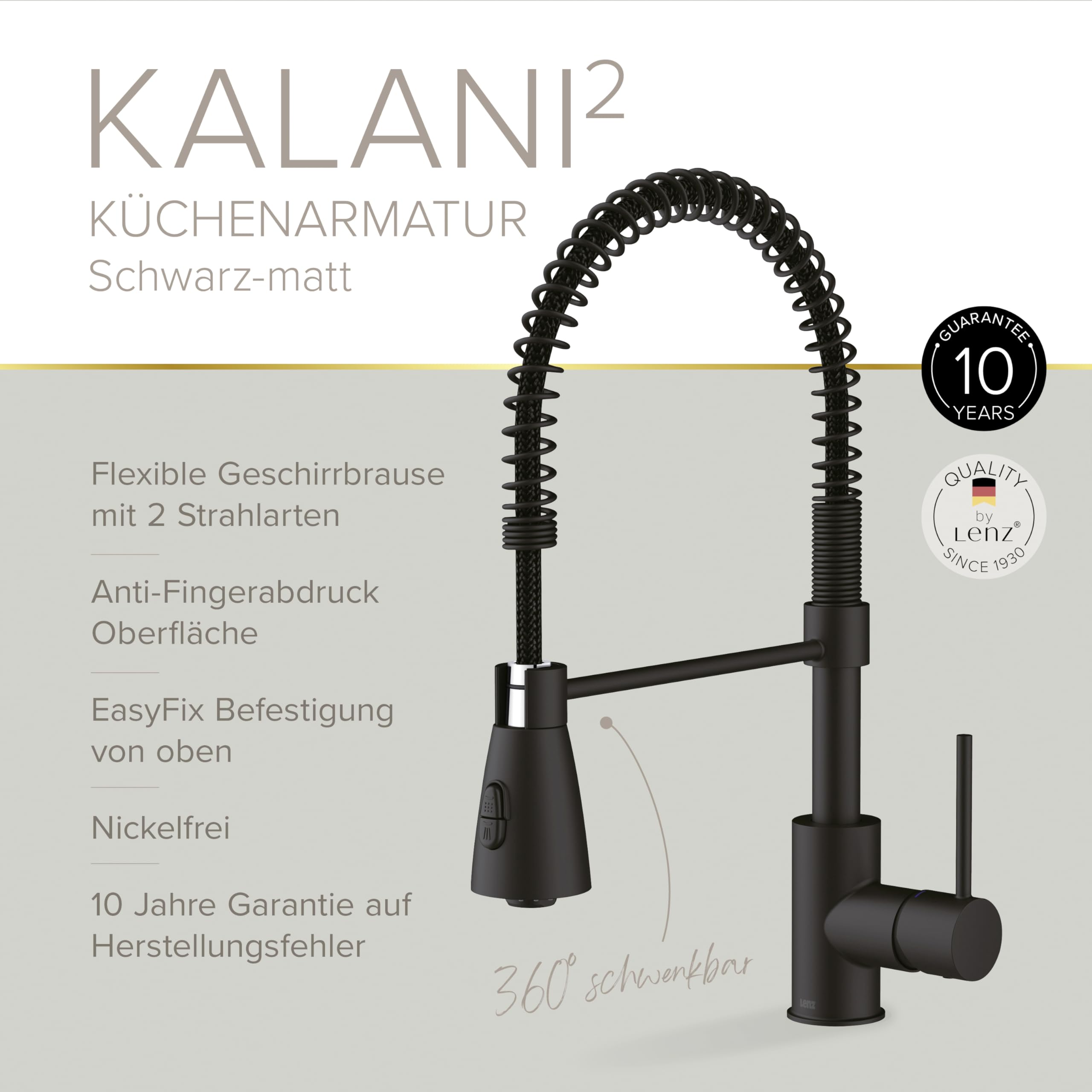 Lenz Küchenarmatur KALANI² in Schwarz-matt – Flexible Federbrause | Geschirrbrause mit 2 Strahlarten, Einfache Montage von oben, Anti-Fingerabdruck Oberfläche, Nickelfrei, Höhe 46 cm, 46070351