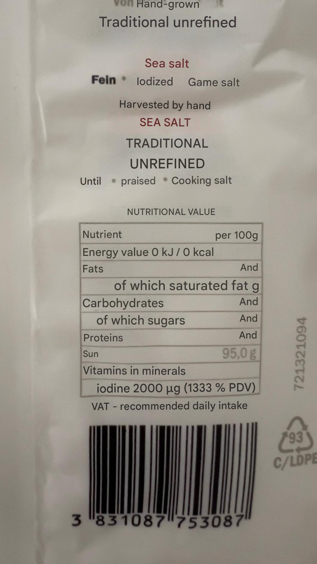 SORINA Sal marina sin refinar yodada fina tradicional (bolsa de 750 gramos) - Sal marina totalmente orgánica y sin refinar - Buena para cocinar y sal de mesa (26 oz)