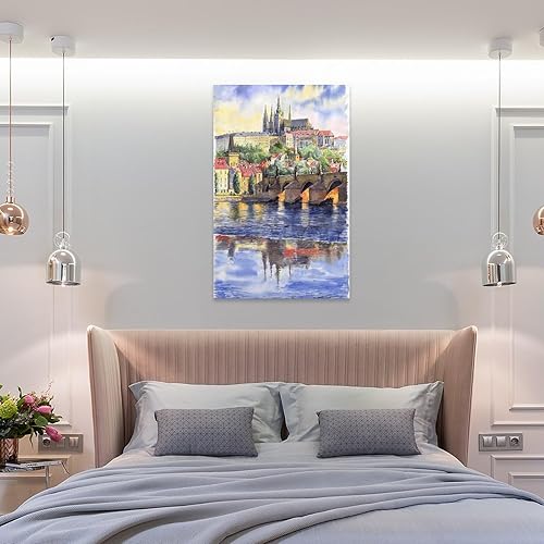 Miniatura 8 de Pintura de paisaje urbano de acuarela, pintura de castillo de Praga, póster decorativo de pared, arte de pared, lienzo, decoración de pared,