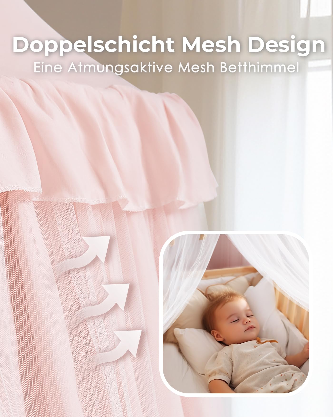 Mallify Moskitonetz Betthimmel mit Sternenlichtern, atmungsaktiv & waschbar Doppelte Lage Baldachin für Mädchen Prinzessin Kinderzimmer, 65 cm x 269 cm, Rosa