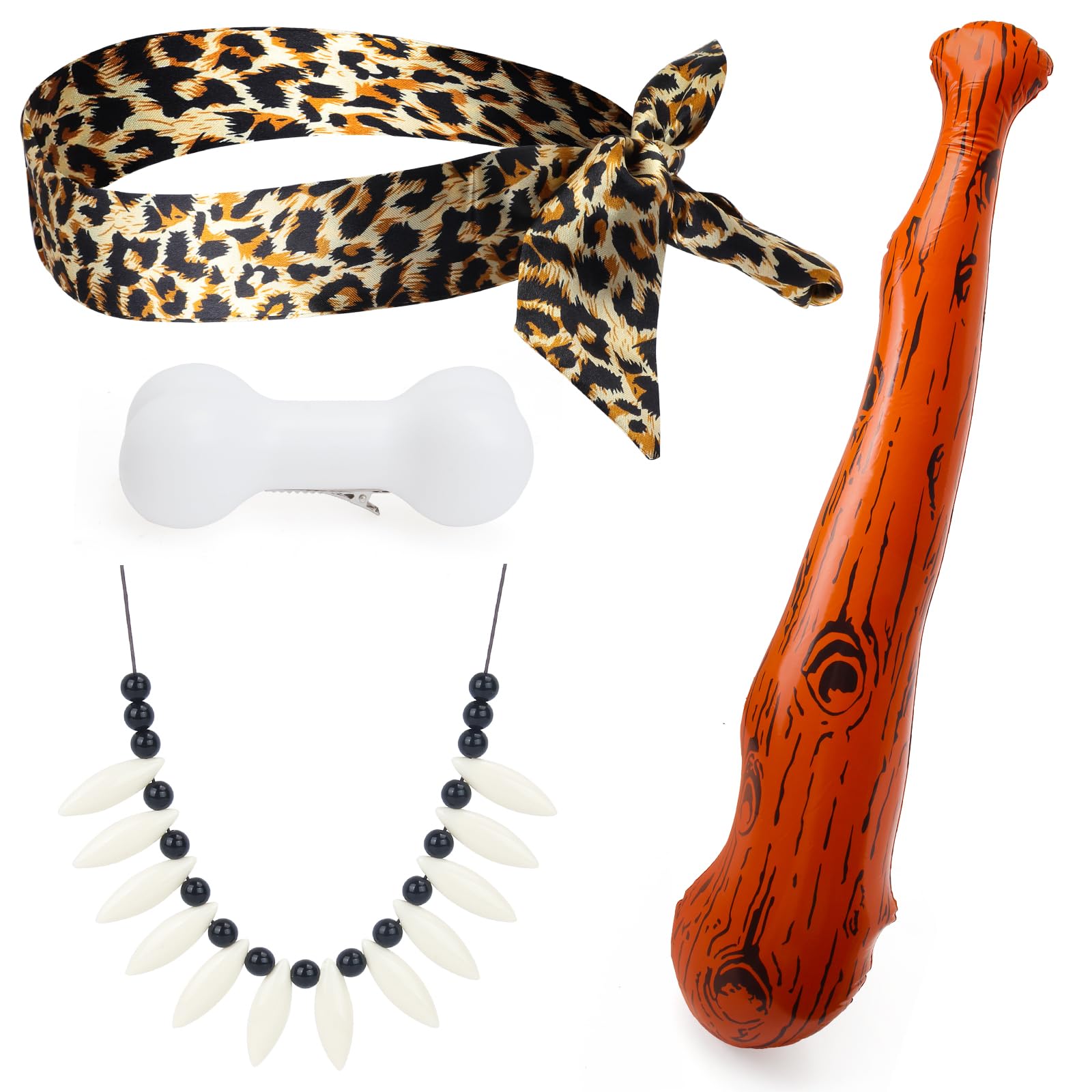 Yewong Caveman Costume Accessory Set - Includes Bone Hair Pin,Skinny Scarf, Inflatable Cave Bat and Tooth Bone Necklace for Caveman Cosplay Party