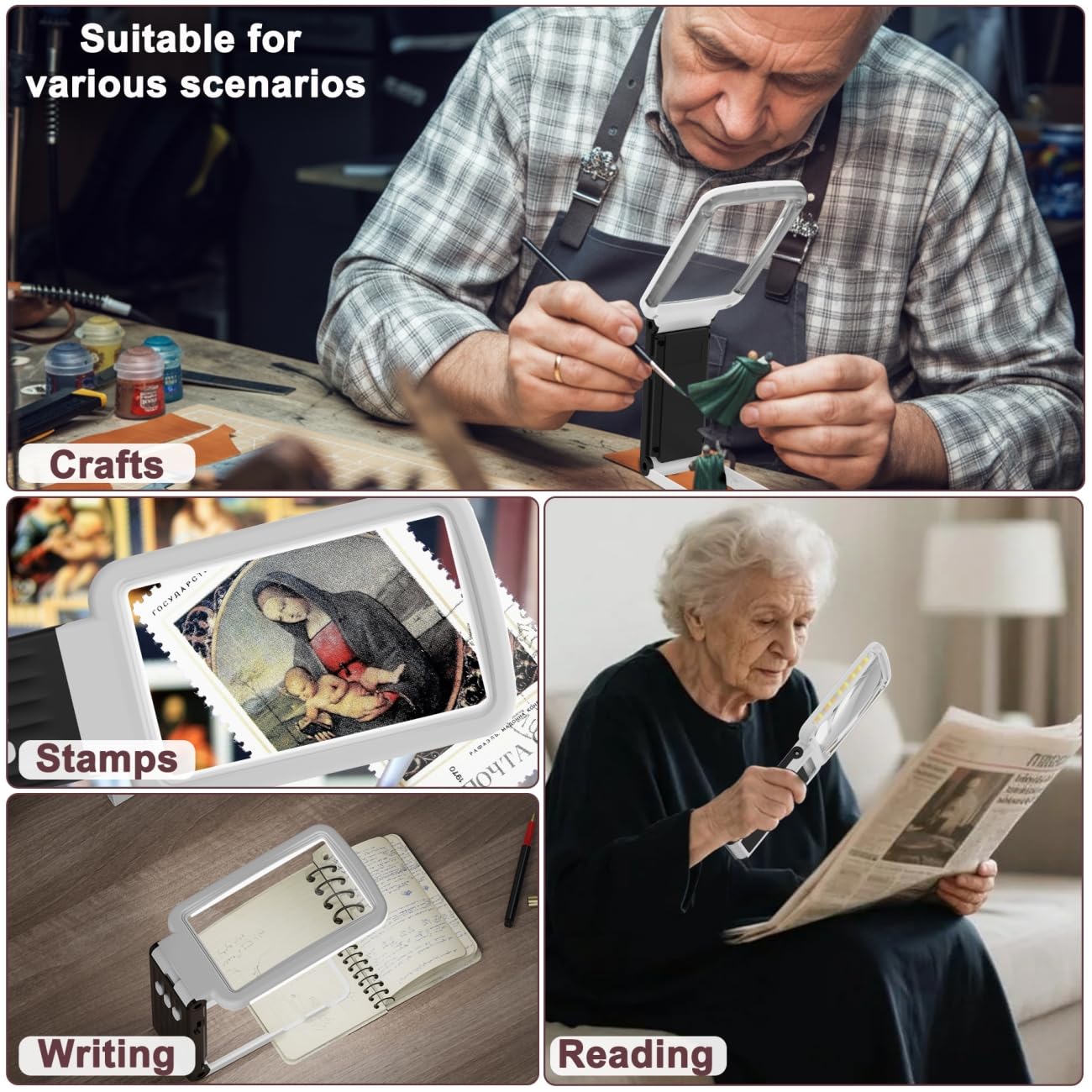 Lupa con luz, lupa plegable de mano de cristal real para leer