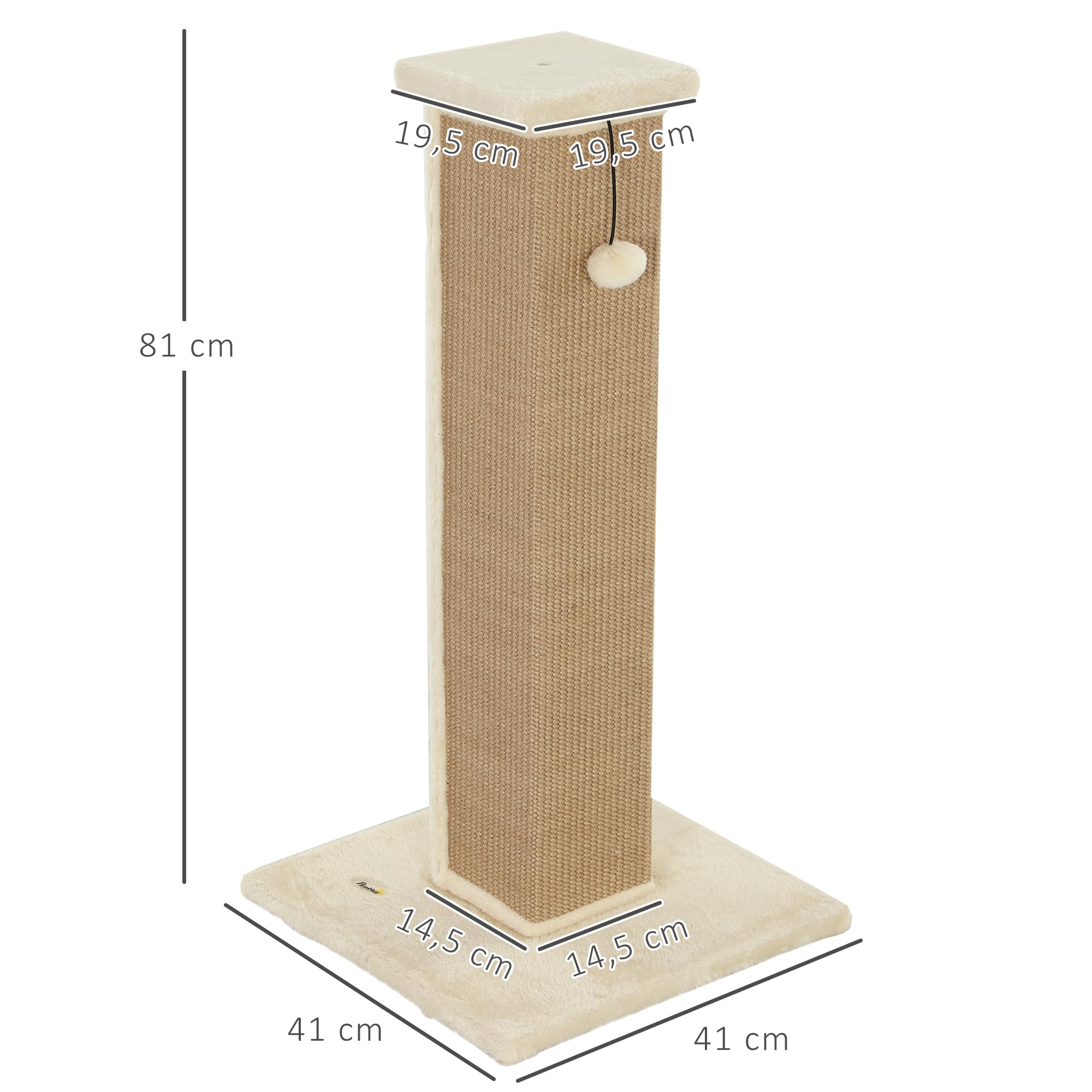 PawHut Rascador para Gatos Altura 81 cm con Poste de Yute y Bola Colgante 41x41x81 cm Beige