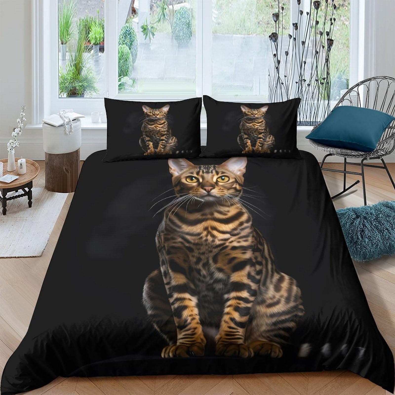 GPLZQXKJNH 3D Printed Brown Tabby Cat Duvet Cover Microfiber Soft Breathable Kitten Bedding Set with 2 Pillowcases for Bedroom Decor Single（135x200cm）
