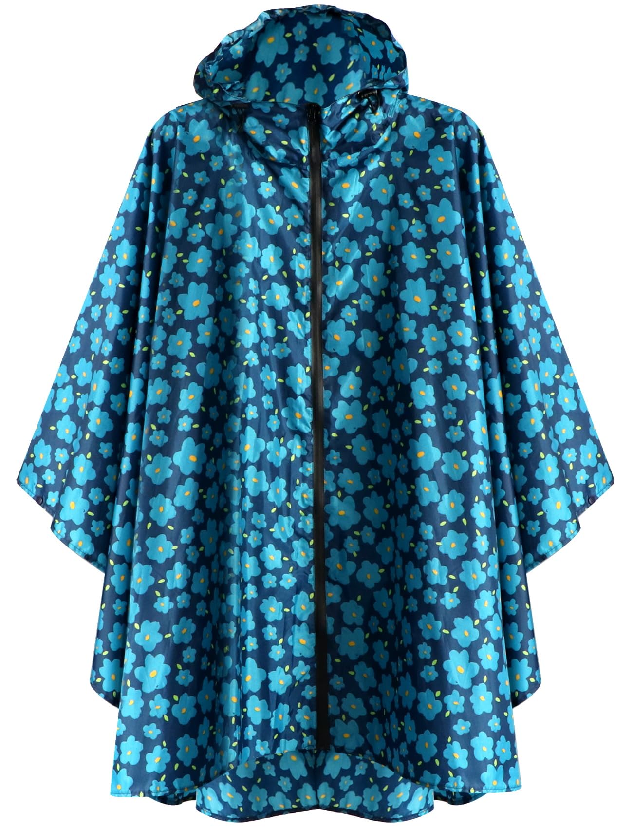 Anyoo Lightweight Waterproof Rain Poncho Reusable Ripstop Breathable Raincoat with Hood for Outdoor Activities, blue flower, L