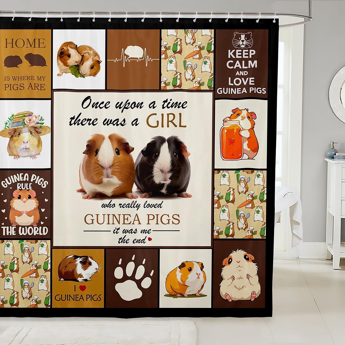 Cute Guinea Pig Kids Shower Curtains,Cartoon Pets Animals Toddler Bathroom Curtains for Girls Boys Adults,Geometric Plaids Patchwork Brown Lovely Waterproof Curtains,12 Hooks Suits,72"W x 72"L