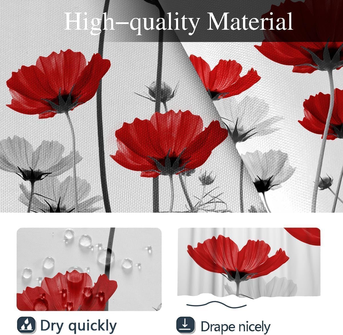 Coxila Red Floral Shower Curtain Extra Wide Large Long Clawfoot Tub Wrap Around Flower Spring Black White Grey Poppy Cute Wildflower Fun Daisy Bathroom 180 x 70 Inch Polyester Fabric 31 Pack Hooks