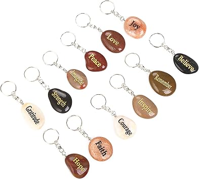 RockImpact Set of 12, Engraved Inspirational Stones Natural River Rock Keychain Rings, Wholesale Faith Stones, Novelty Healing Stone Key Chain Bulk Lot, Assorted Sayings 12 Different Words