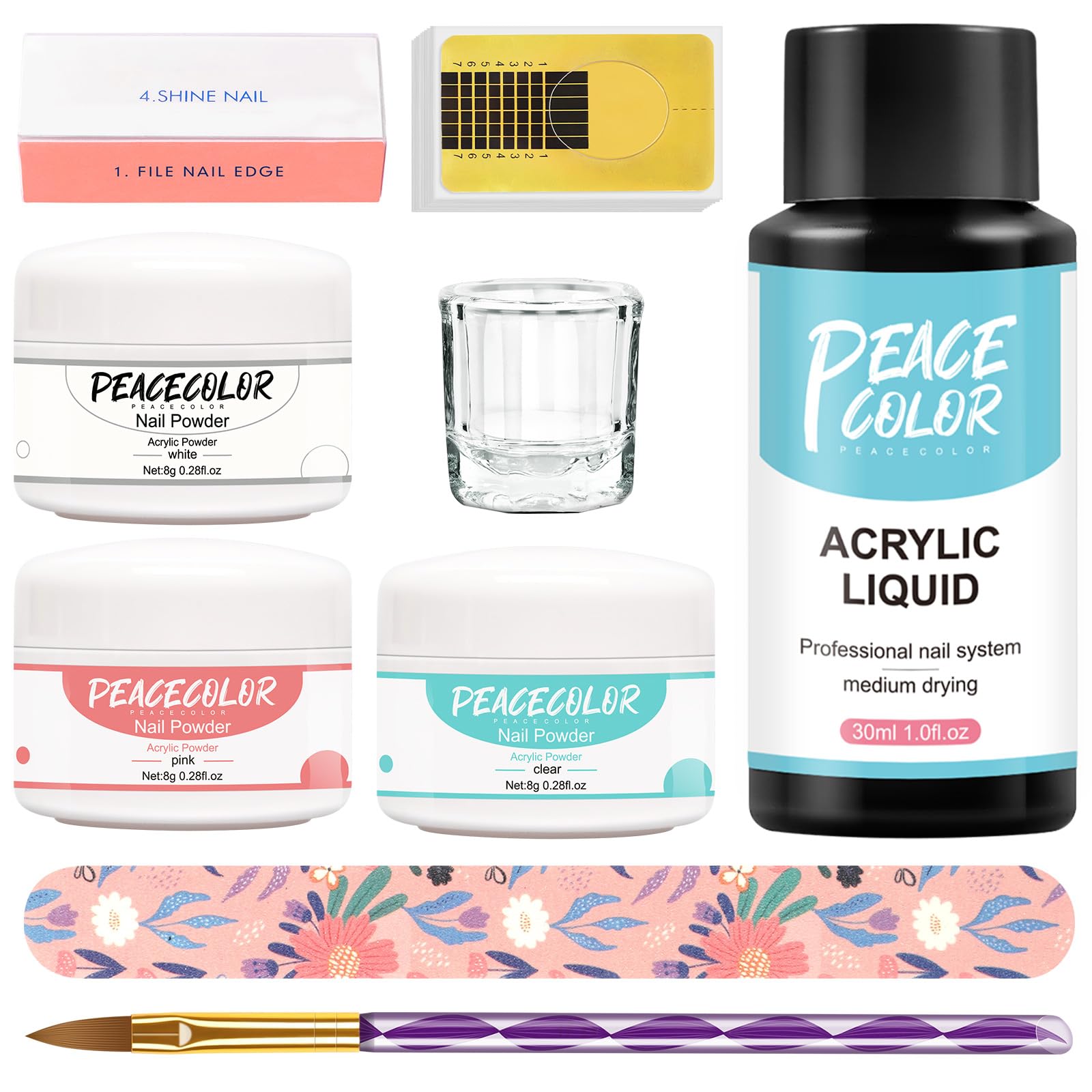 PEACECOLOR Kit Poudre Acrylique pour Ongles , Poudre Acrylique avec Liquide Acrylique, Rose Blanc Transparentes Resine Ongle Poudre , Pinceau, Chablon, Limes a Ongles, Kit Complet Acrylique Ongles