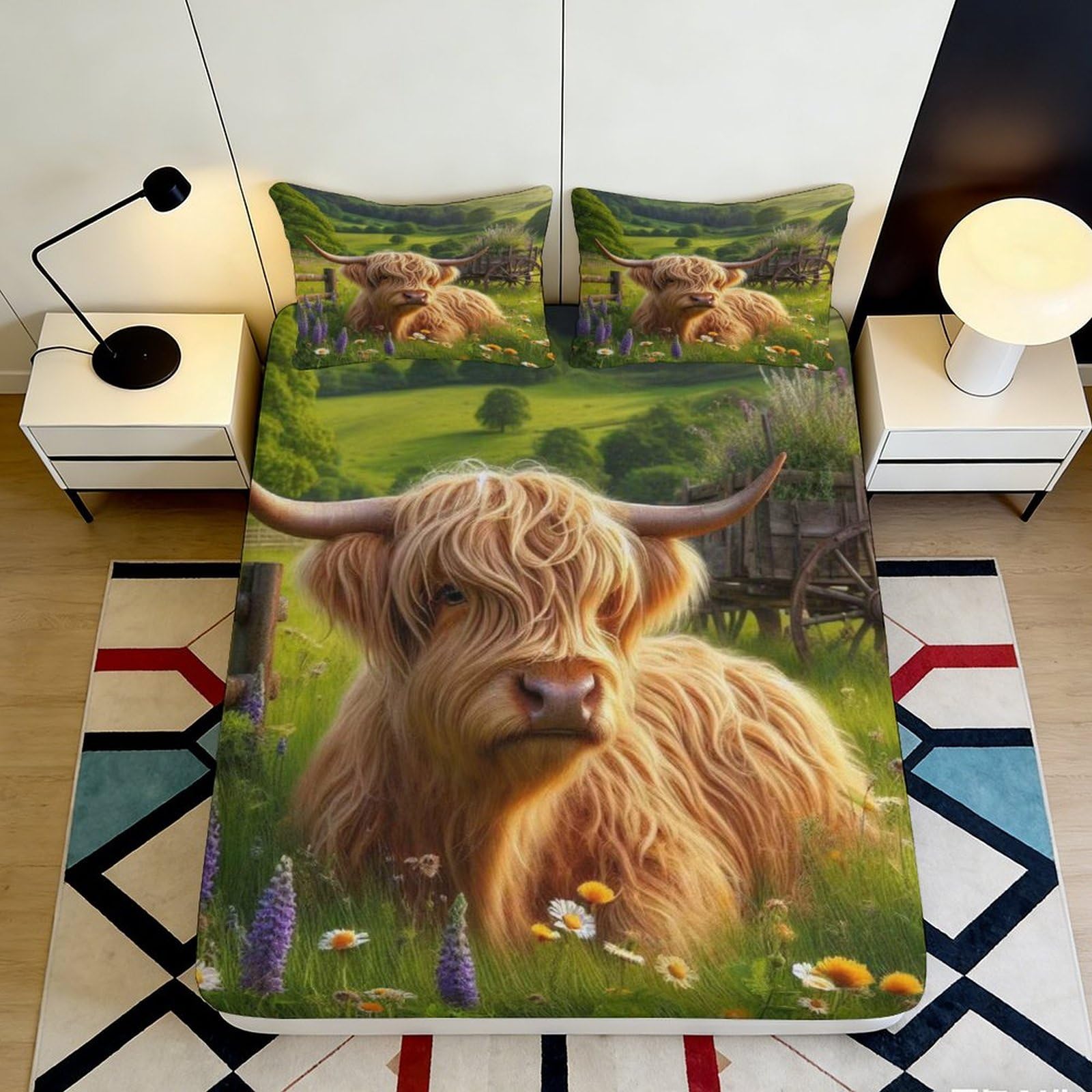 3D Printed Highland Cow Fitted Sheet Microfiber Deep Pocket Non-Slip Highland Cow Mattress Fitted Cover for Bedroom 160x200x25cm