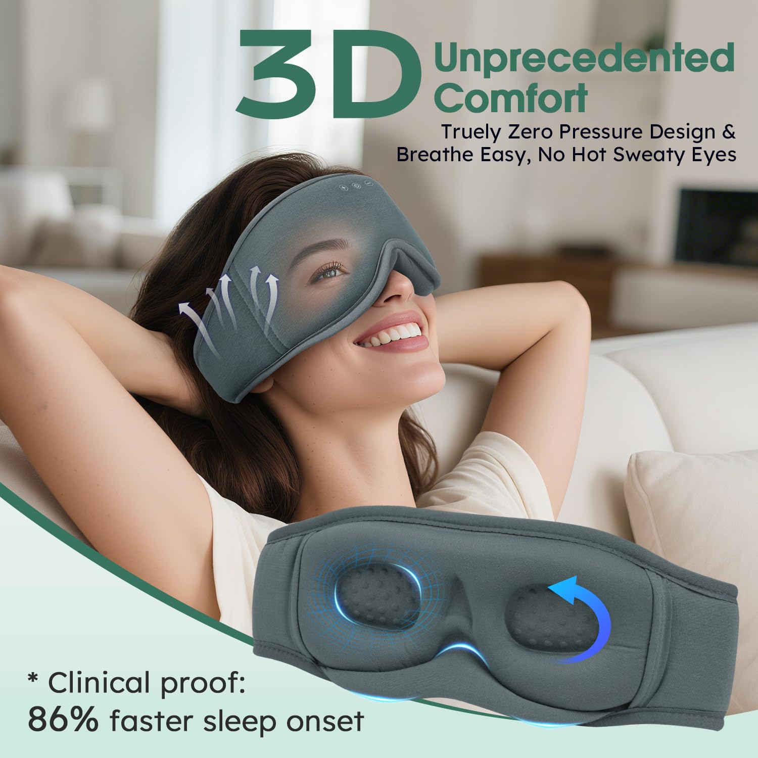 LC-dolida Casque de sommeil Bluetooth 3D naturel en bambou et coton | Masque pour les yeux zéro pression et 100 % occultant pour les personnes dormant sur le côté, voyage et sieste au bureau | Sommeil