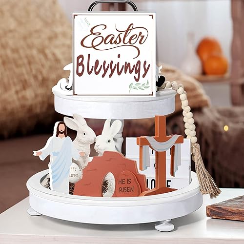 Decoraciones de Pascua, 4 piezas de Ufkaa Religious He is Risen, decoración de bandeja escalonada, escena de resurrección de tumbas vacías de Jesús,