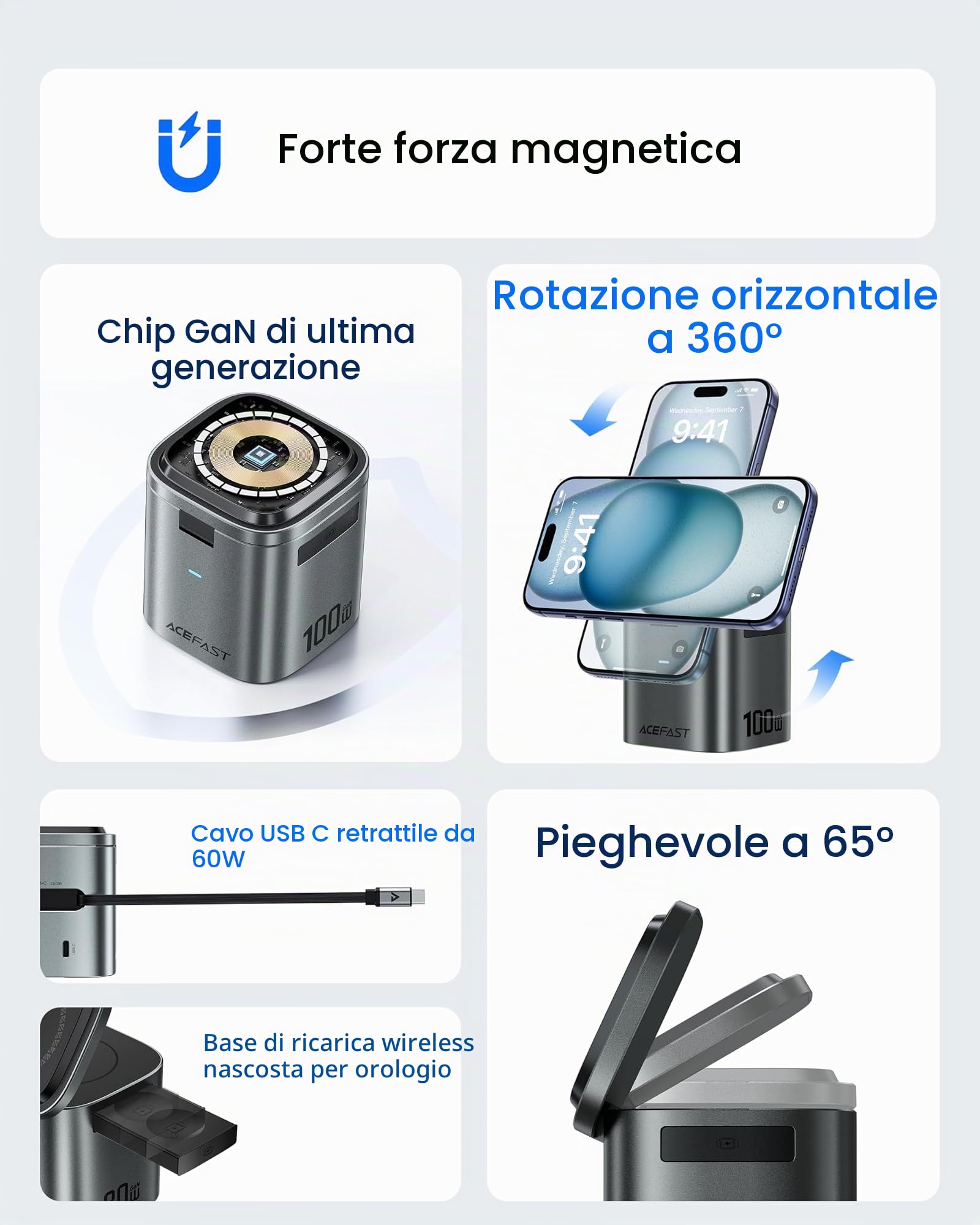 ACEFAST Stazione di ricarica rapida Qi2 6 in 1 da 25 W GaN wireless per iPhone 17 serie 16, con cavo retrattile USB C da 100 W, supporto magnetico per caricabatterie wireless per iWatch, per Samsung