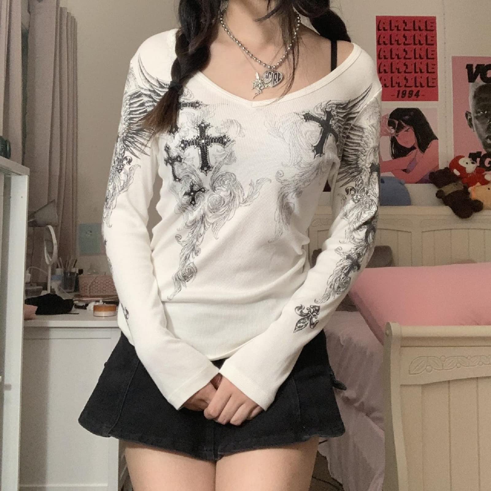 Damskie topy Y2K z długim rękawem wróżka grunge estetyczne koszule nastolatki vintage graficzne slim fit koszulki