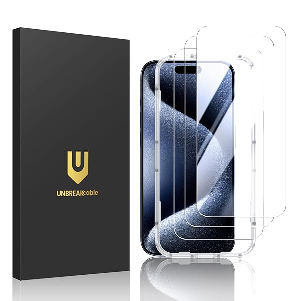 UNBREAKcable Shatterproof Tempered Glass Screen Protector for iPhone 15 Pro Max [3-Pack][Easy Installation Frame] [9H Hardness] [99.99% HD Clear] [Bubble Free] for Apple 6.7”