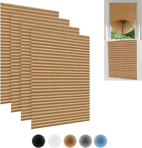 Paquete de 4 persianas de papel plisadas sin cordones, persianas de ventana temporales filtrantes de luz, pantalla de tela plisada para oscurecer la