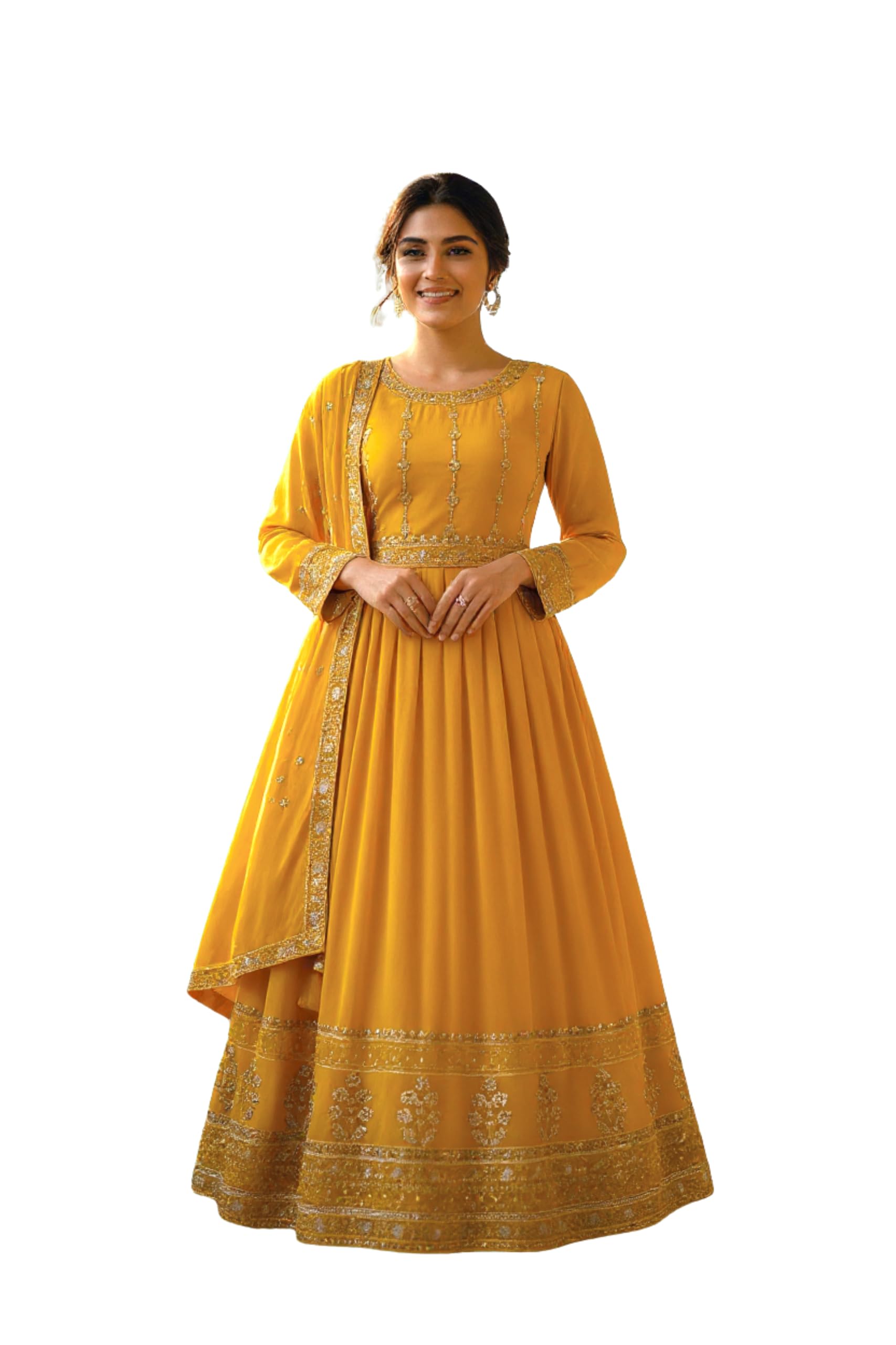 Girls Women Yellow Fit and Flare Full Length Frock Dress-image-1