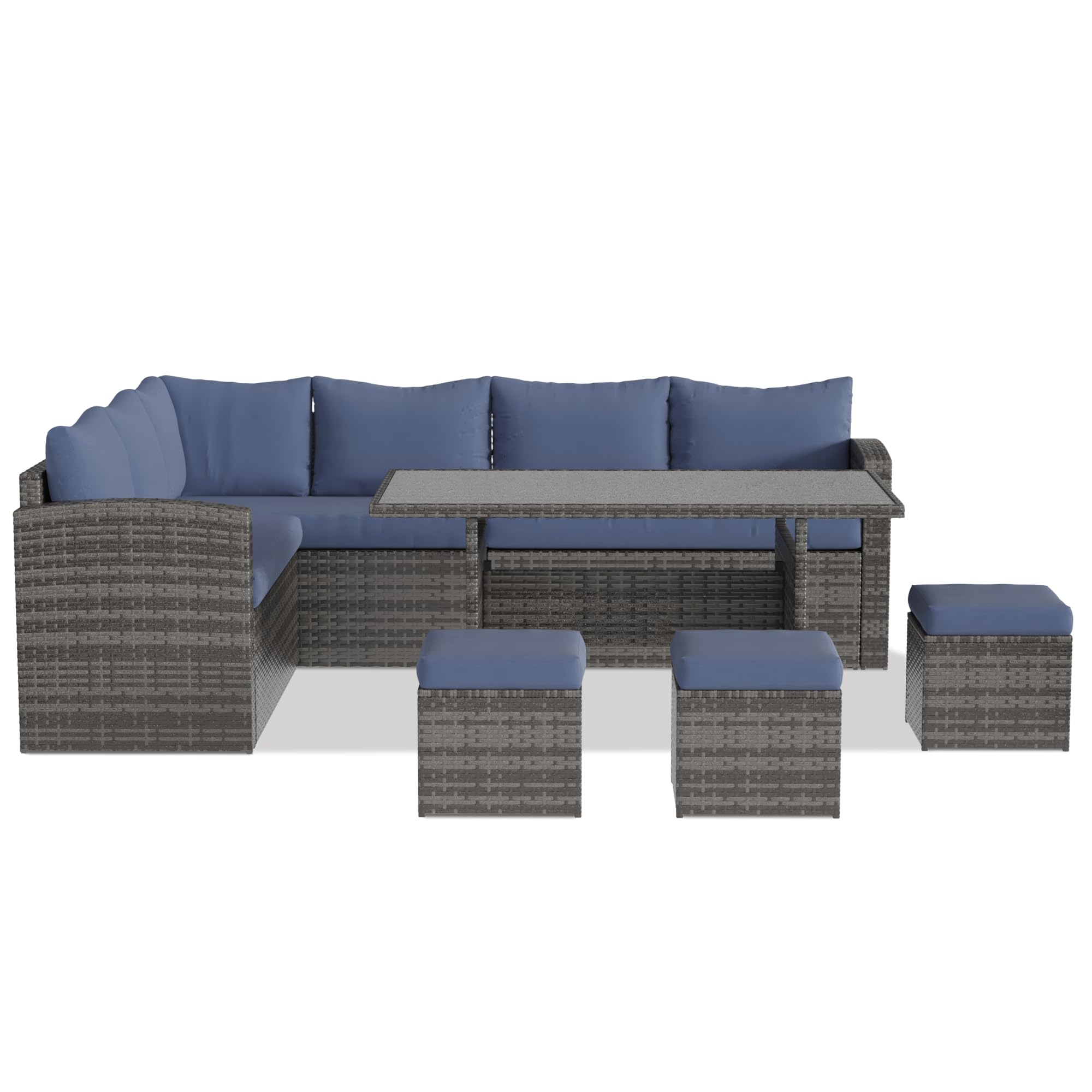 7 Piece Patio Furniture Set, Outdoor Sectional Sofa with Table, Wicker Rattan Patio Dining Set with Cushions for Balcony, Backyard, Front Porch, Lawn, Blue