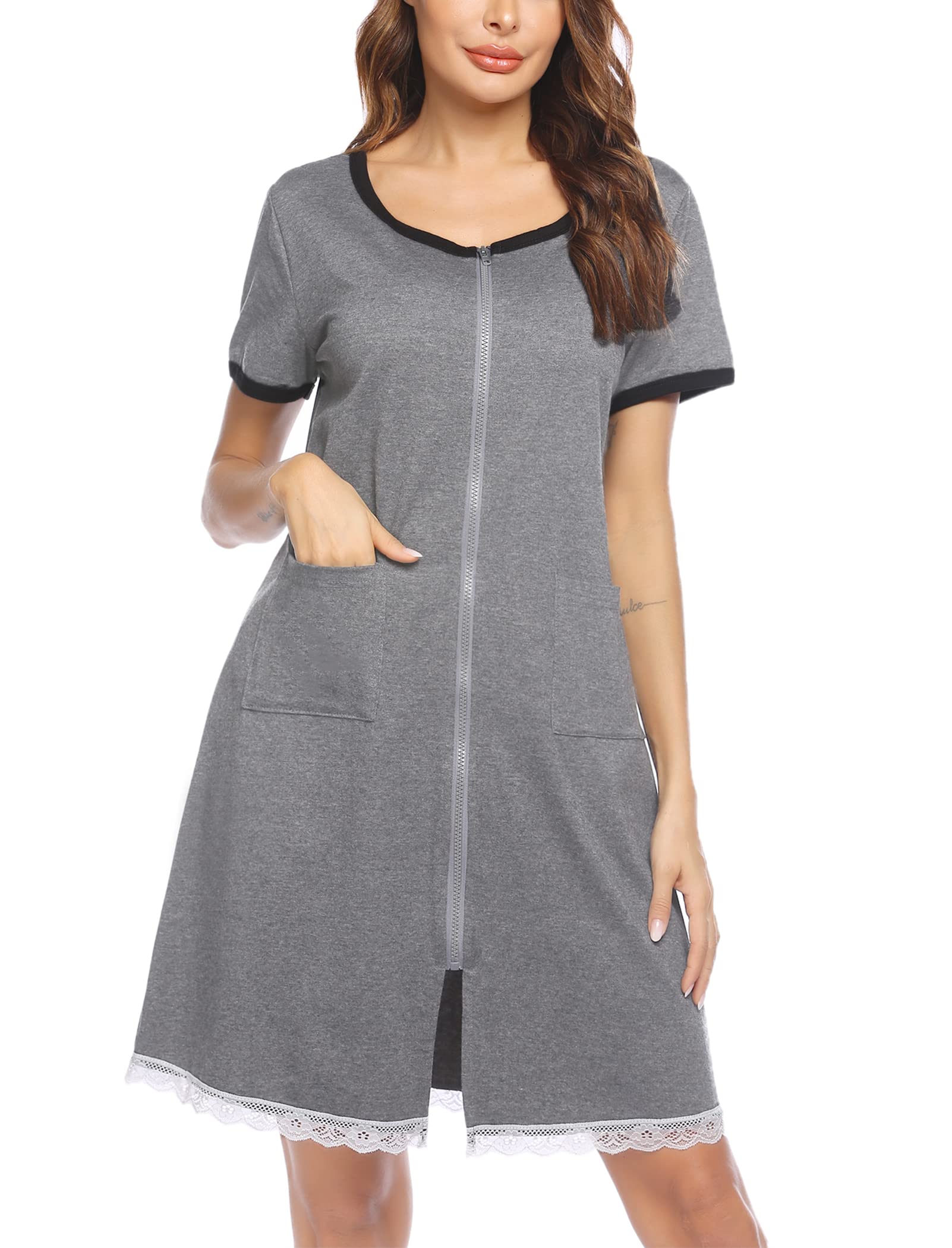 EkouaerWomens Zip Front Robes Lightweight House Coat Zipper Nightgown(S-XXL)