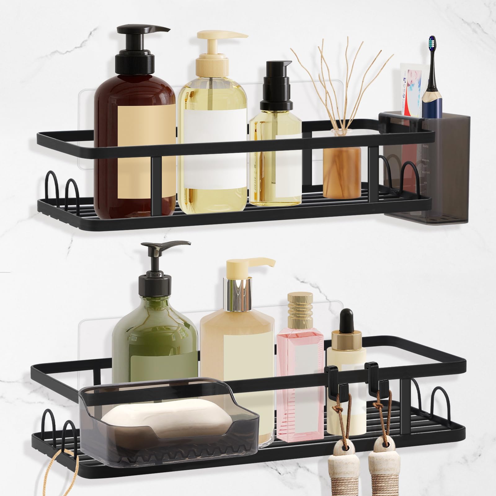 Alyvisun Shower Shelf No Drilling, 4 Pack Shower Storage with Soap Holder, Toothbrush Holder, Bathroom Shelves with Large Capacity, Shower Caddy for Shampoo, Toiletries, Black