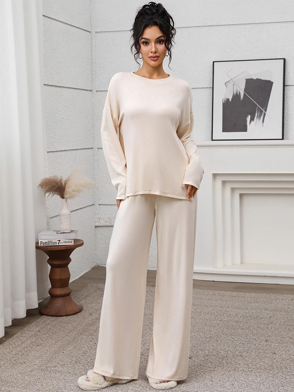 Zevi Womens 2 Piece Outfits Casual Loose Long Sleeve Pullover Tops & Wide Leg Pants Soft Basic Lounge Sets Tracksuit - Image 2