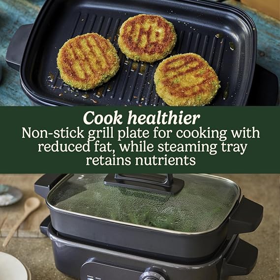 Cuisinart Cook in 5 in 1 Multi Cooker Grill, Sear, Steam, Simmer and Slow Cooker Non-Stick, Interchangeable Plates and Pans Stackable, Easy Storing Energy Efficient Midnight Grey