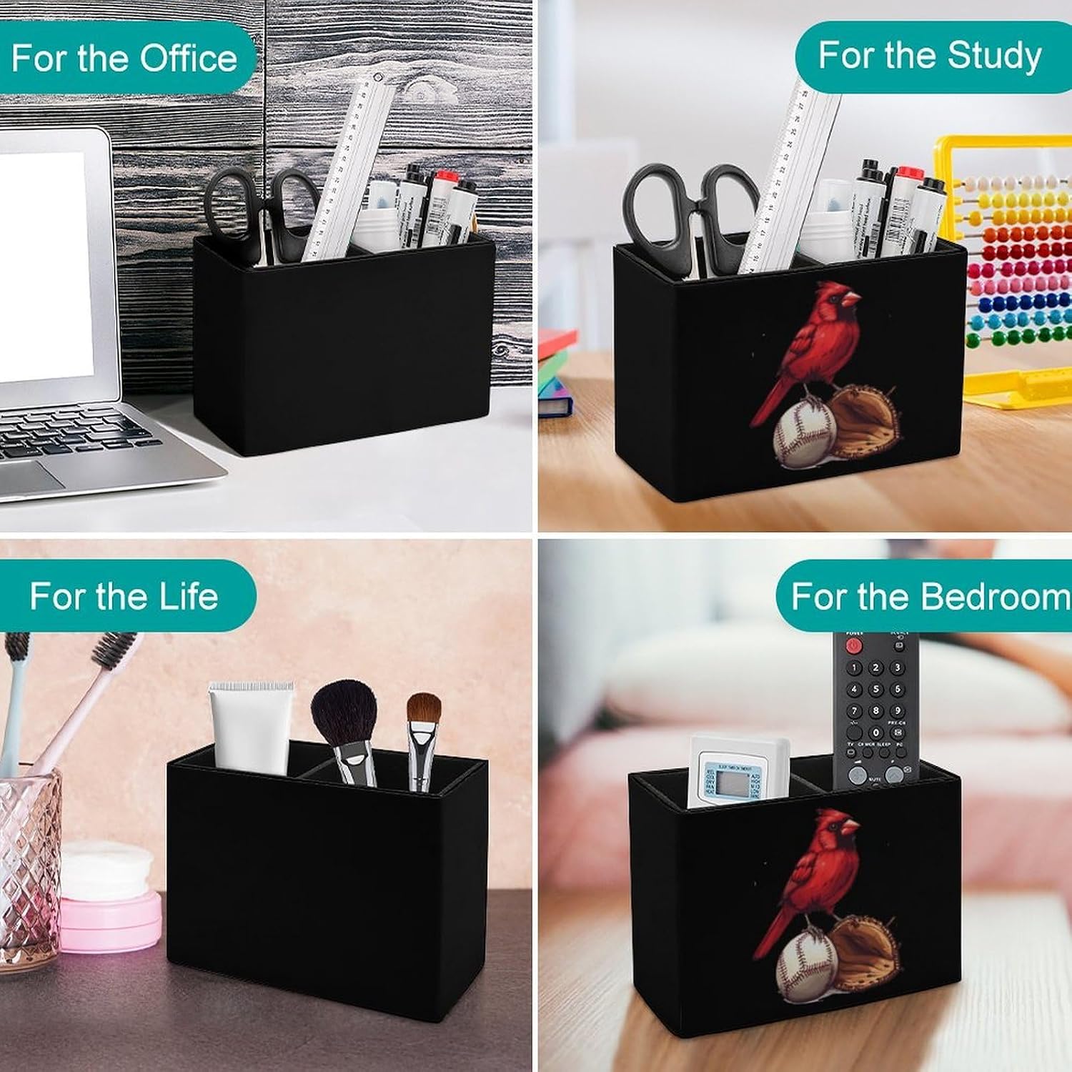 Red Cardinal Baseball Pencil Pen Holder PU Leather Desk Storage Organizer Makeup Brush Box