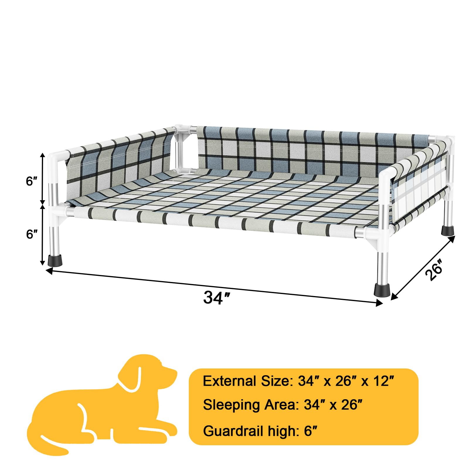 Elevated Raised Outdoor Dog Bed - Cooling Washable Dog Cot with Guardrail, Durable & Breathable Cotton Mesh Pet Hammock Beds with Stainless Steel Pipe Frame for Large Pets (34'' x 26'' x 12'') - image 5