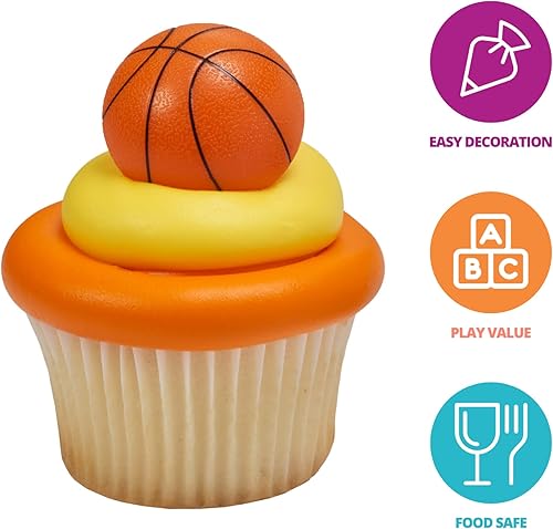 Miniatura 2 de DECOPAC Anillos de baloncesto 3D, decoraciones de cupcakes, adornos para pasteles seguros para alimentos, paquete de 24