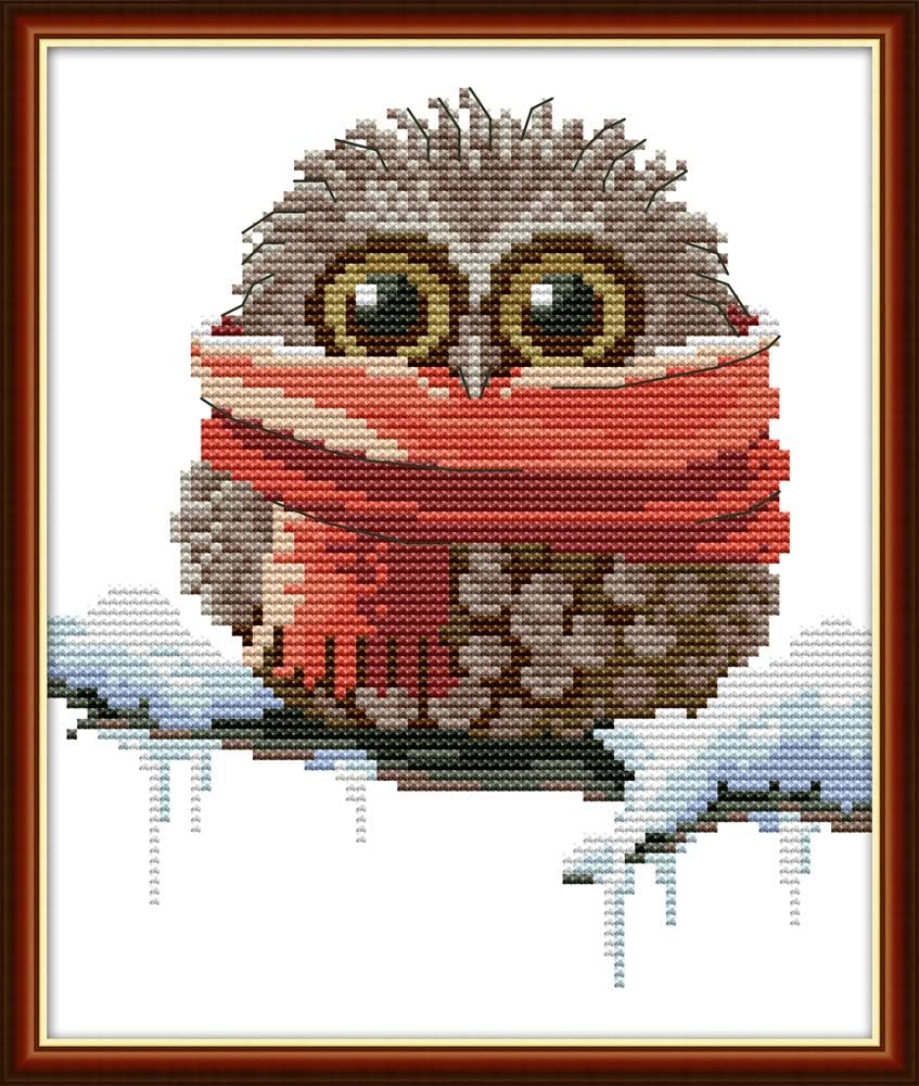 Maydear Cross Stitch Kits Stamped Full Range of Embroidery Starter Kits for Beginners DIY 11CT 3 Strands - Owl with a Scarf 9.4×11(inch)