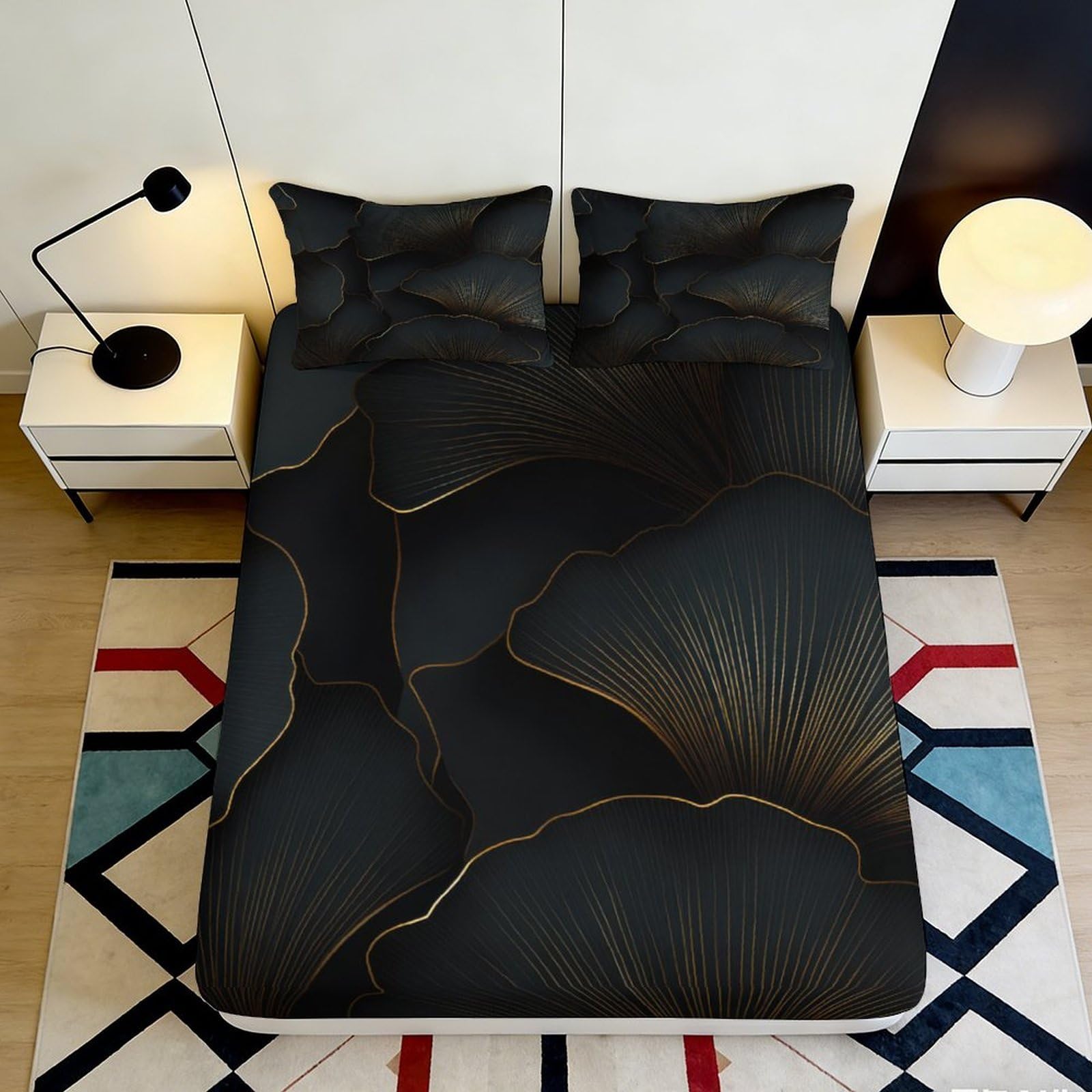 Pnayamiorkfel Style-1 3D Printed Golden Ginkgo Leaf Fitted Sheet Microfiber Soft Black Botanical Bed Cover For Bedroom Dorm Mattress Protection Decor 90X200x25cm