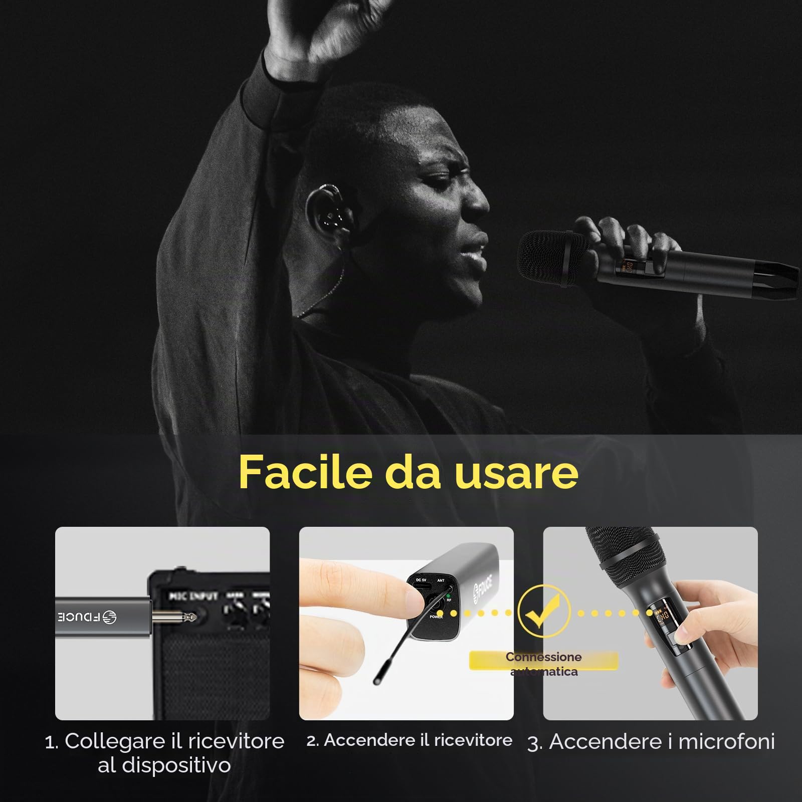 FDUCE Microfono Wireless, Microfono Karaoke, Doppio Sistema Dinamico Palmare UHF con Ricevitore Ricaricabile per Feste, Chiesa, Riunioni, Matrimoni, 200ft (Grigio e Oro)