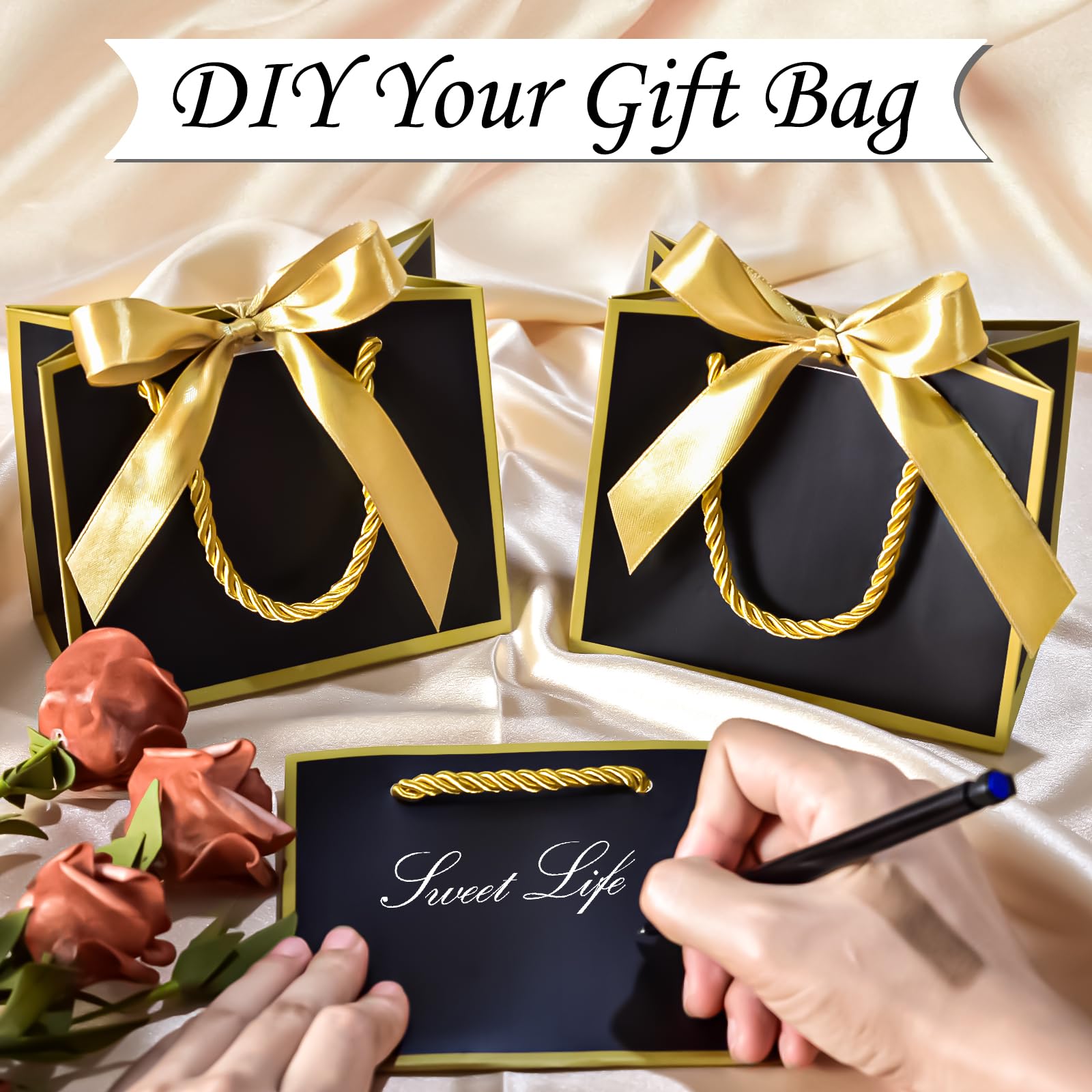 EQOREIIN 50 bolsas de regalo pequeñas con cinta, mini bolsas de papel metálicas con asas, 5.5 x 2.5 x 4.7 pulgadas, bolsas de regalo de agradecimiento a granel para recuerdos de fiesta, día de la