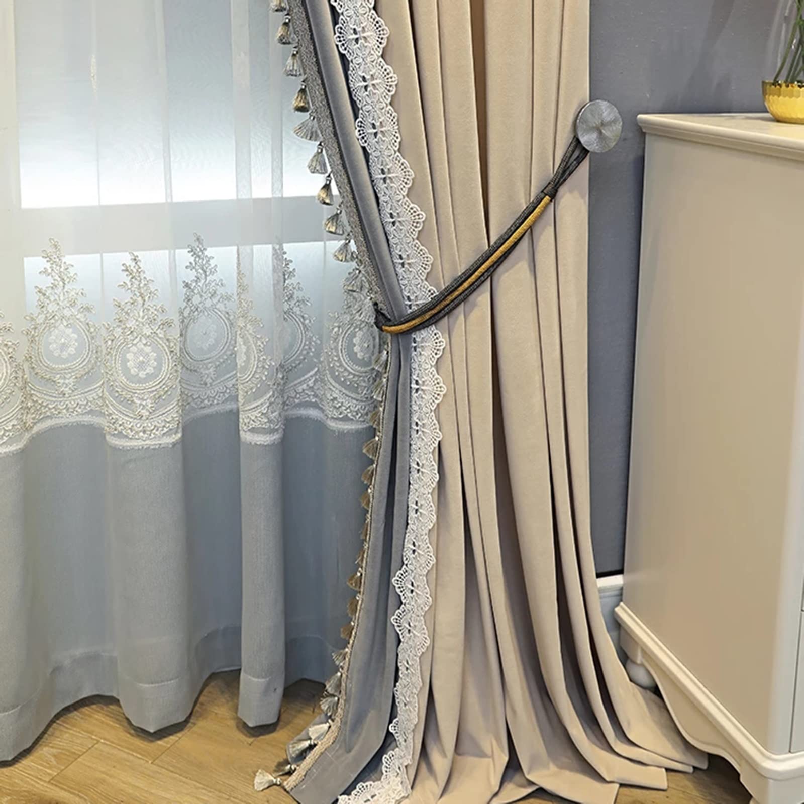 Rideaux et Draperies Nouveau léger luxe en dentelle française coutures en velours et rideaux de panne de courant for chambre et salon Rideau Occultant ( Color : Tulle , Size : W200cmxH250cm 1PC )